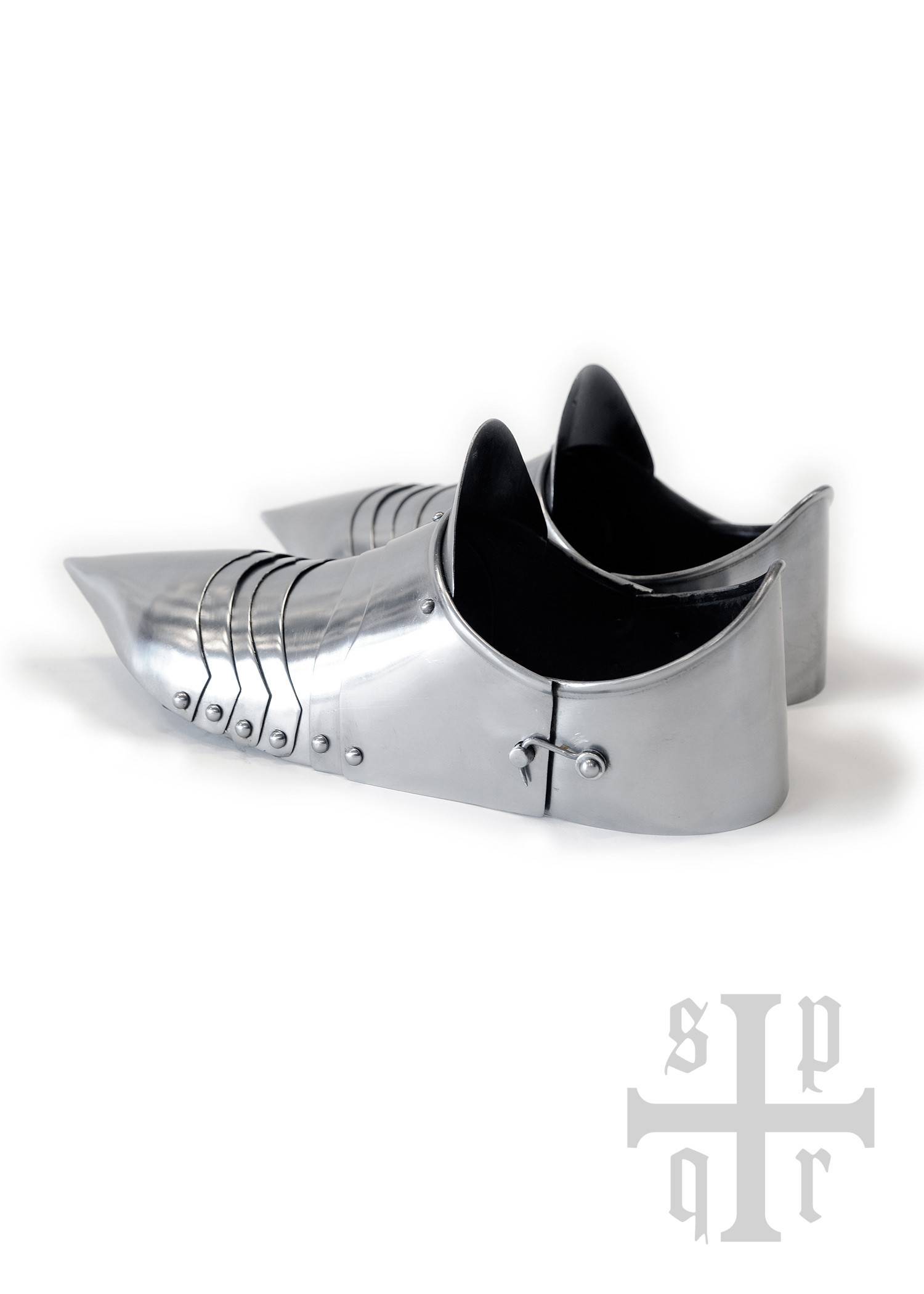 Harnas Sabatons, gepantserde schoenen, 14e eeuw, 1,5 mm staal, paar