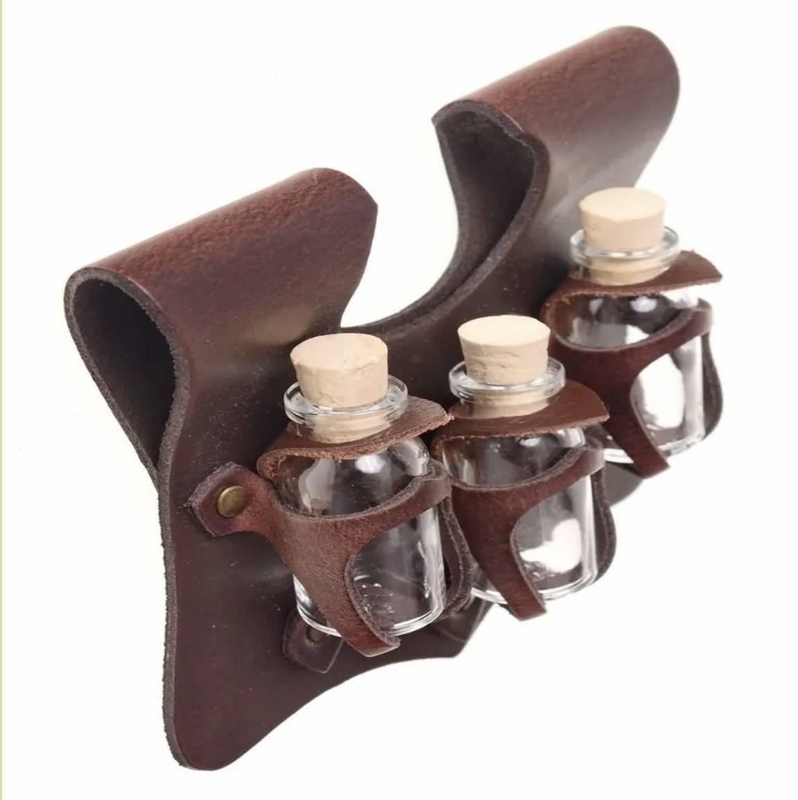 Heks en Alchemisten Drankjeshouder voor LARP met 3 Flesjes in Bruin leder Hoes