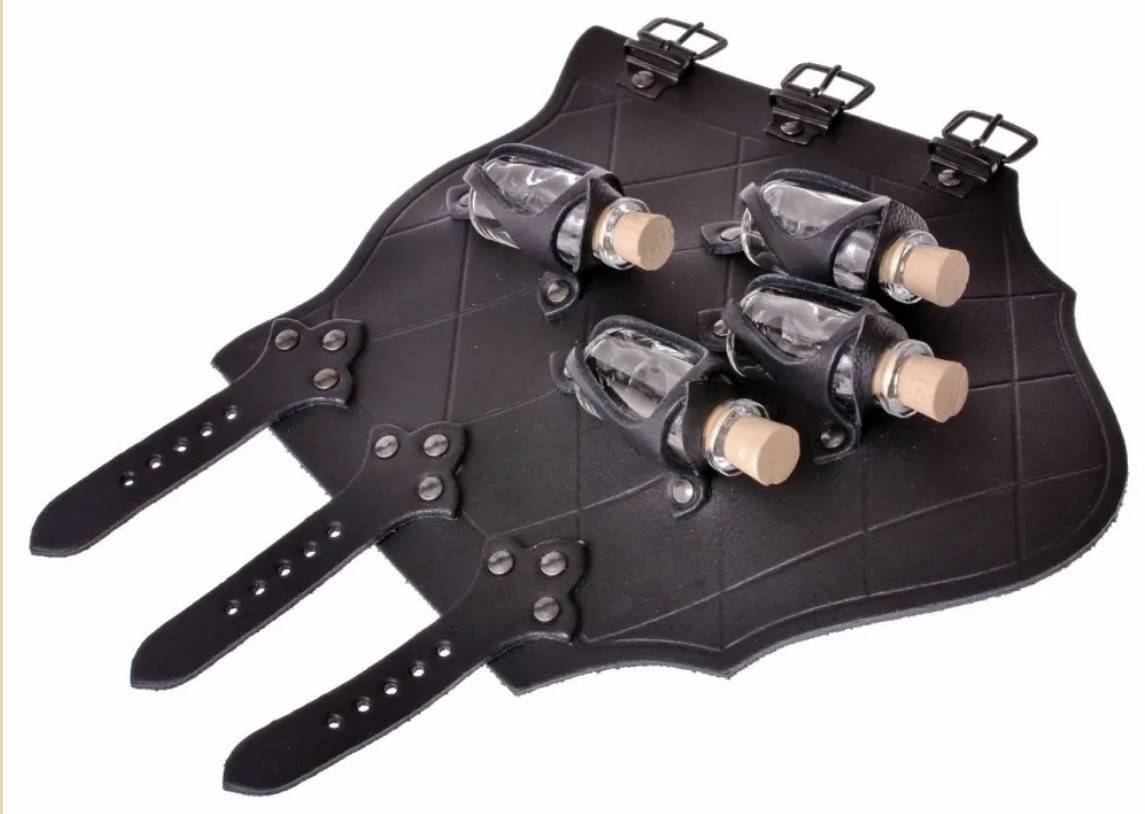 ​​Leder Hexen-Alchemisten Armschützer mit vier Glasflaschen in Schwarz