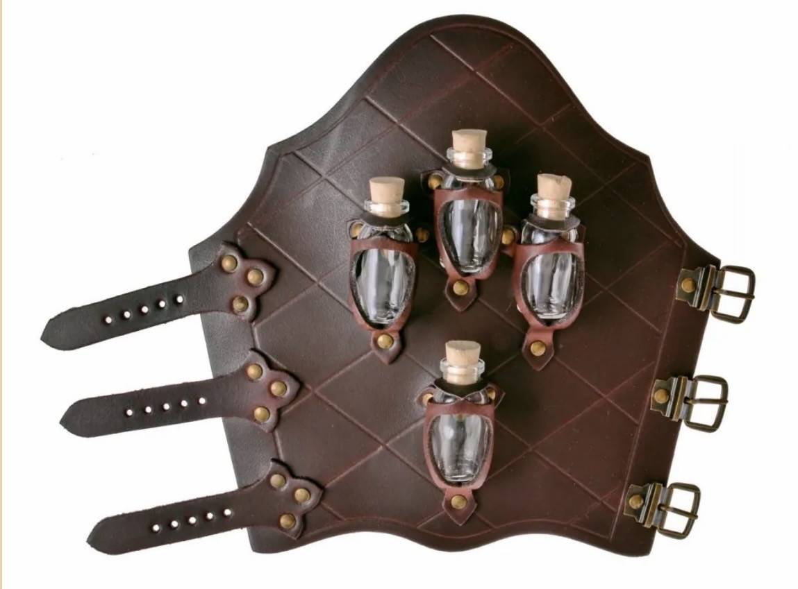 Heksen en Alchemisten leren armbeschermer met vier glazen flesjes in Bruin