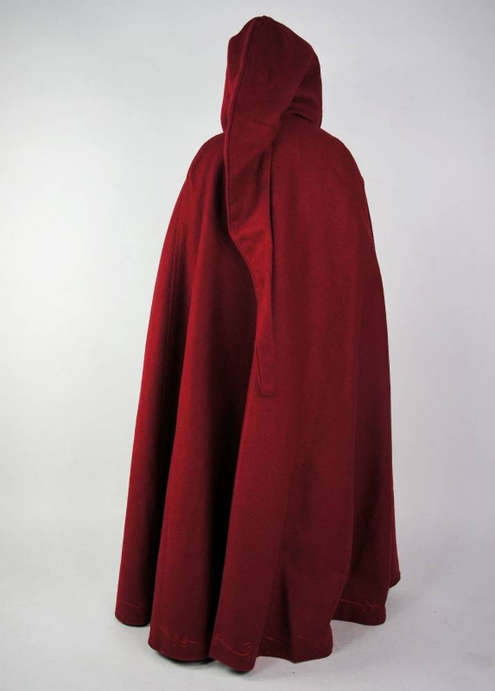 Middeleeuwse Wollen Grijze Jager Kindercape - Mantel in Rood met lange capuchon en handbeschilderd, met borduurwerk