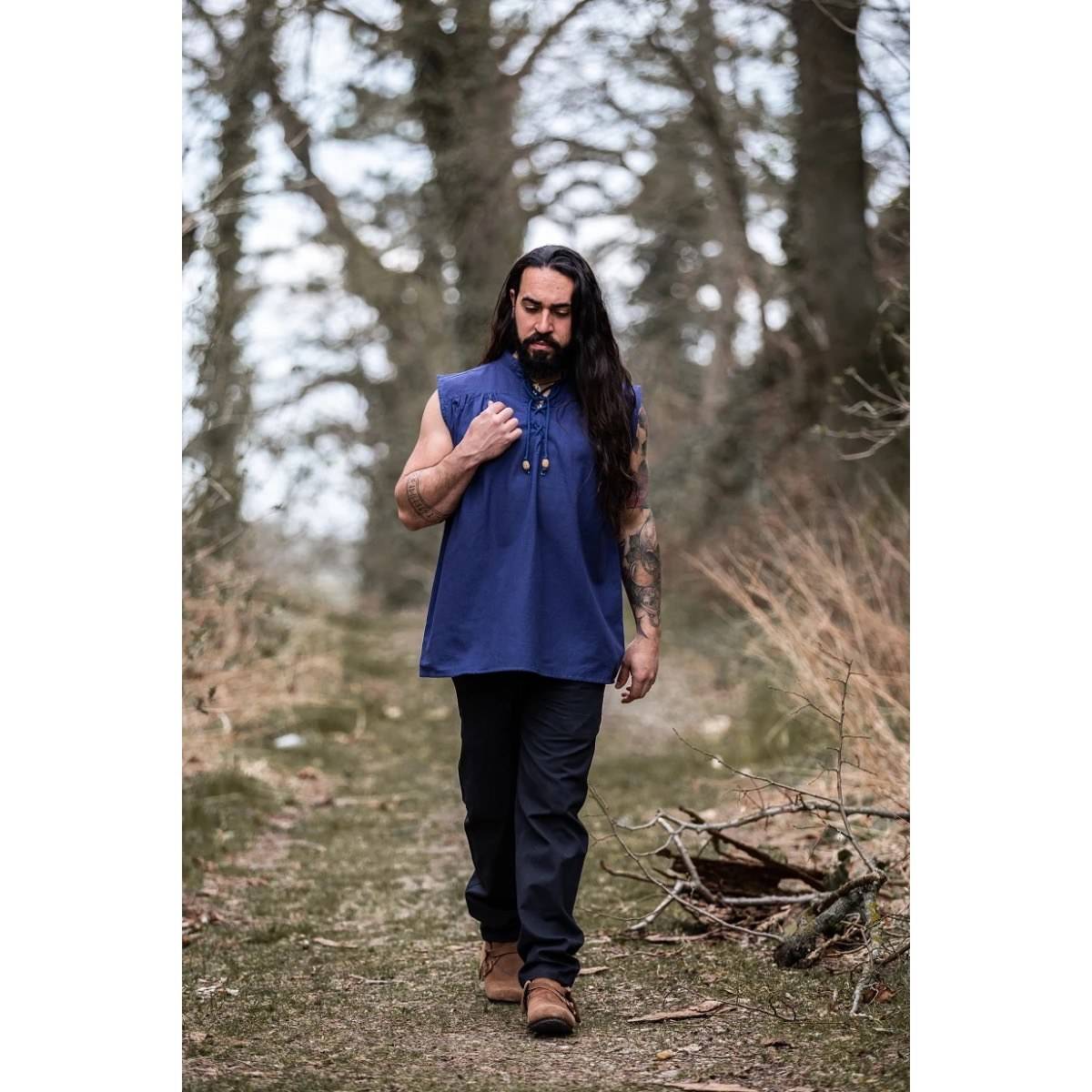 ​Middeleeuwse Blouse, Mouwloos in Blauw
