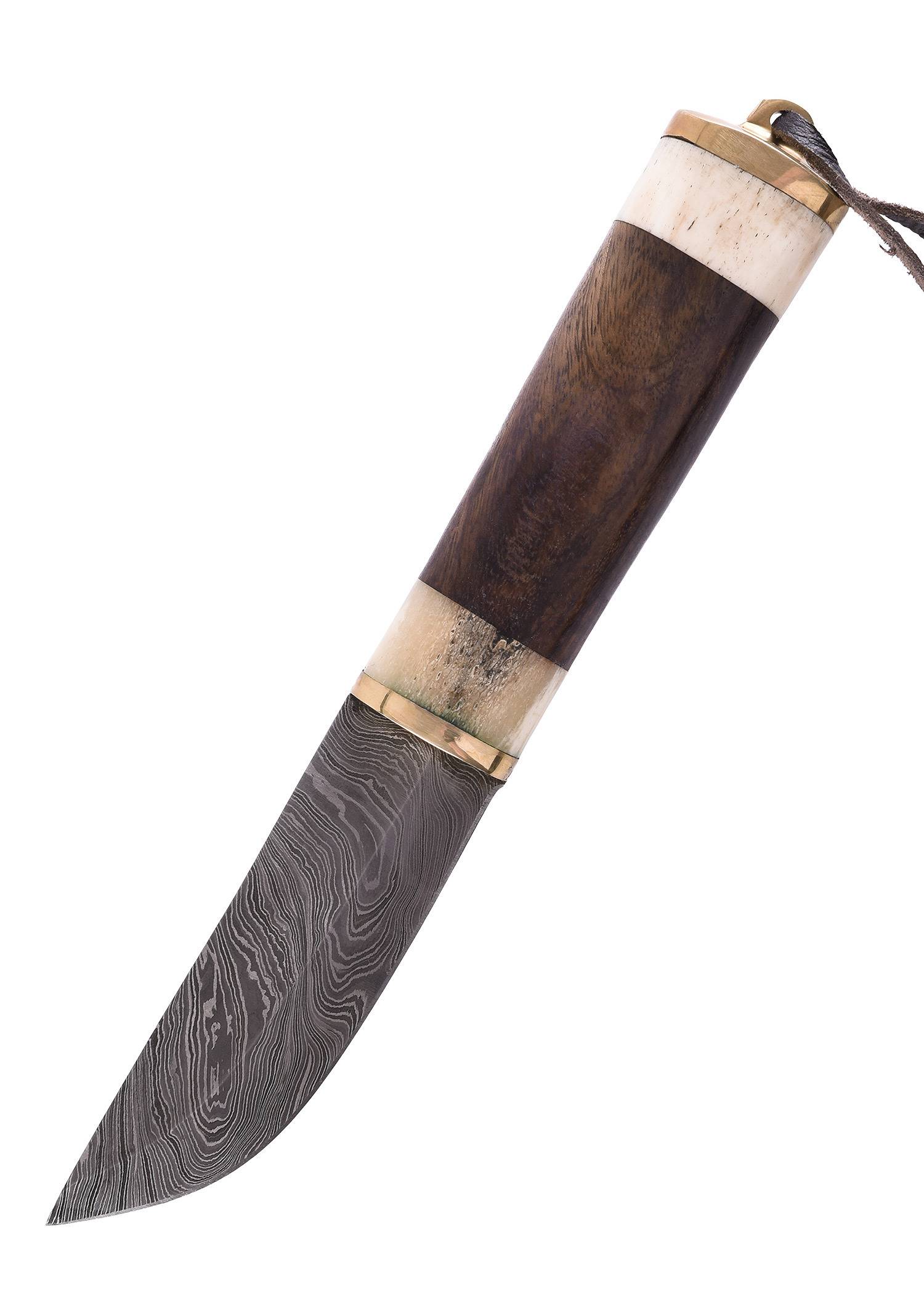 Damascusstalen mes met een handvat van bot/hout en een leren schede