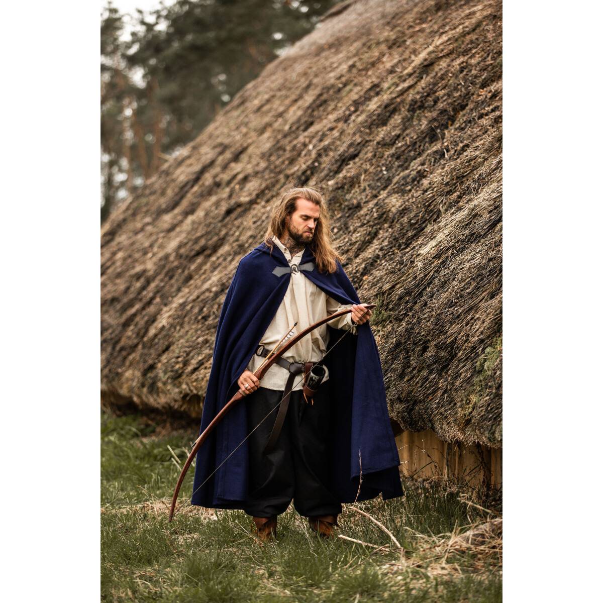 Middeleeuwse Wollen Cape in Blauw, 160 cm