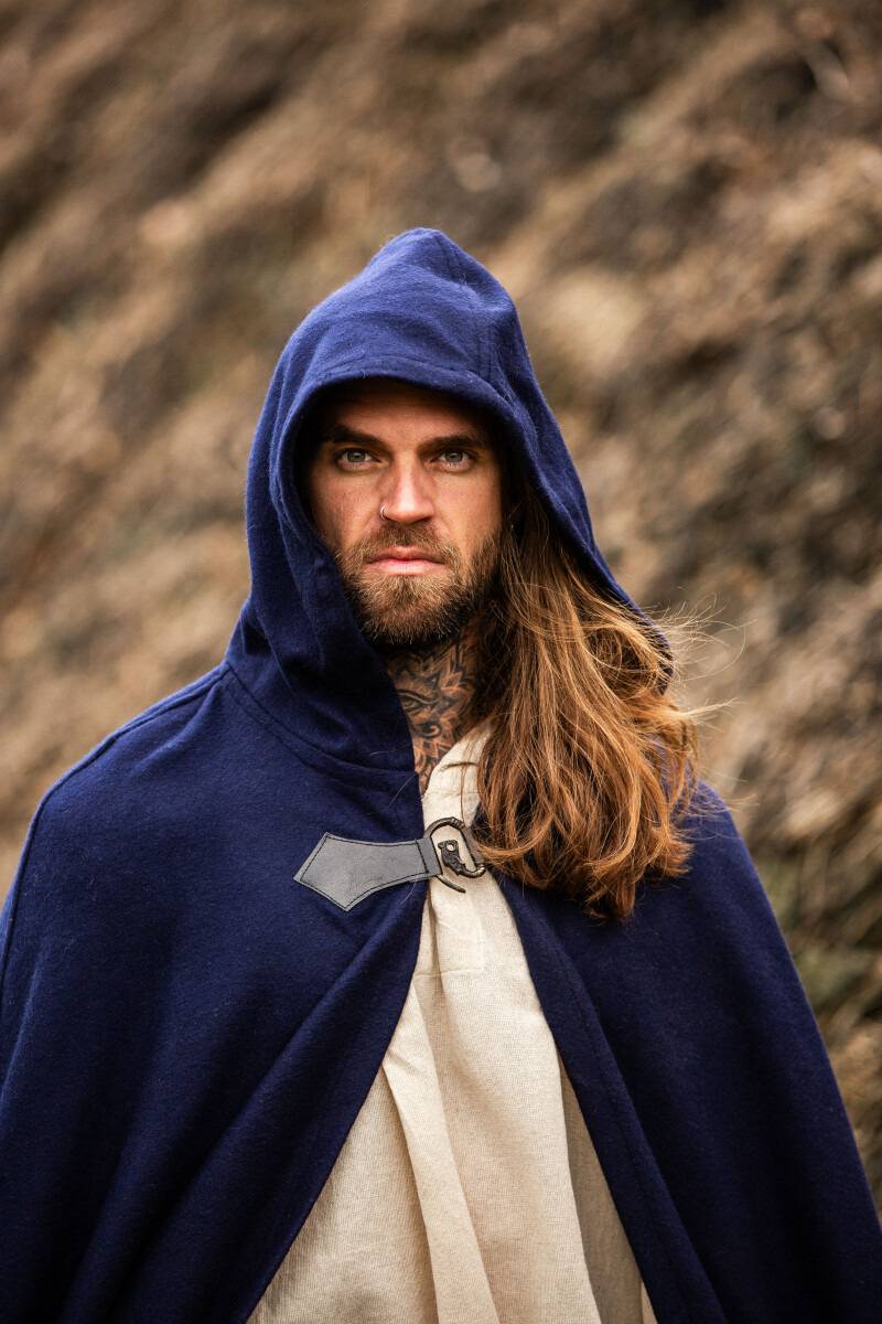 Middeleeuwse Wollen Cape in Blauw, 160 cm