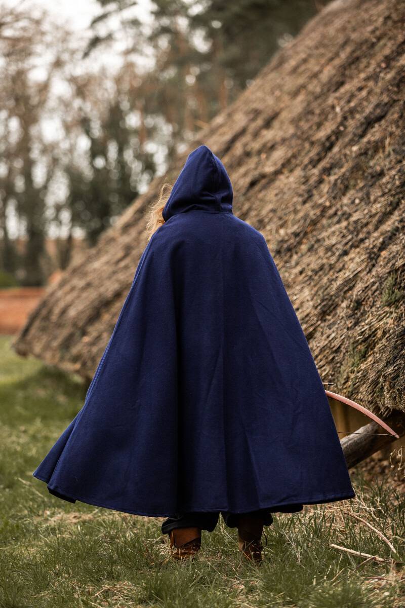 ​Middeleeuwse Wollen Cape in Blauw, 131 cm