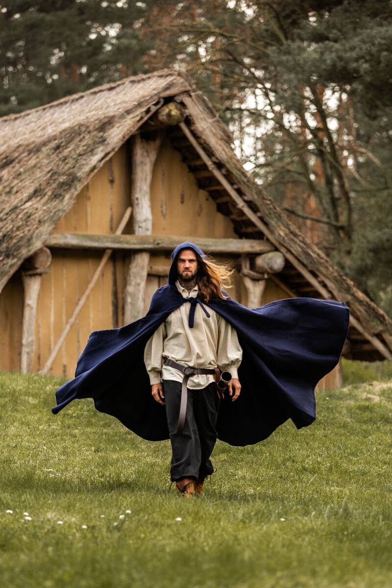 ​Middeleeuwse Wollen Cape in Blauw, 131 cm