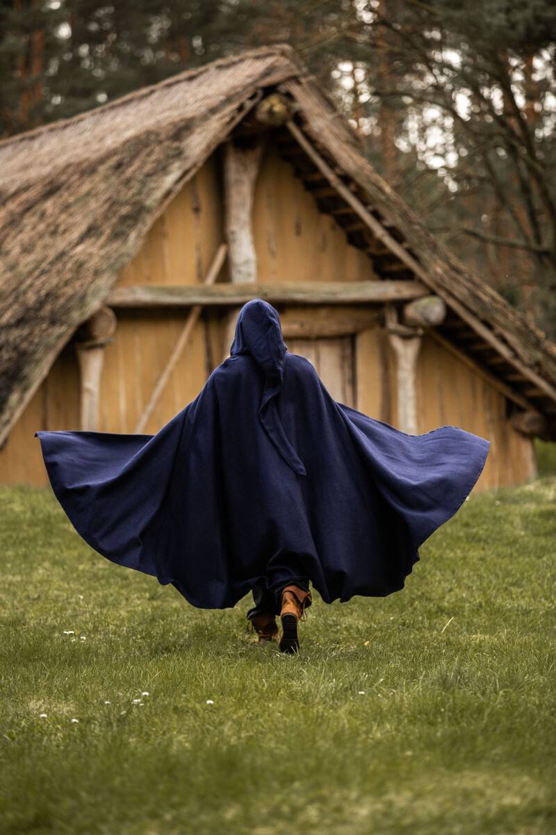 Middeleeuwse Wollen Cape in Blauw met lange Muts, 160 cm