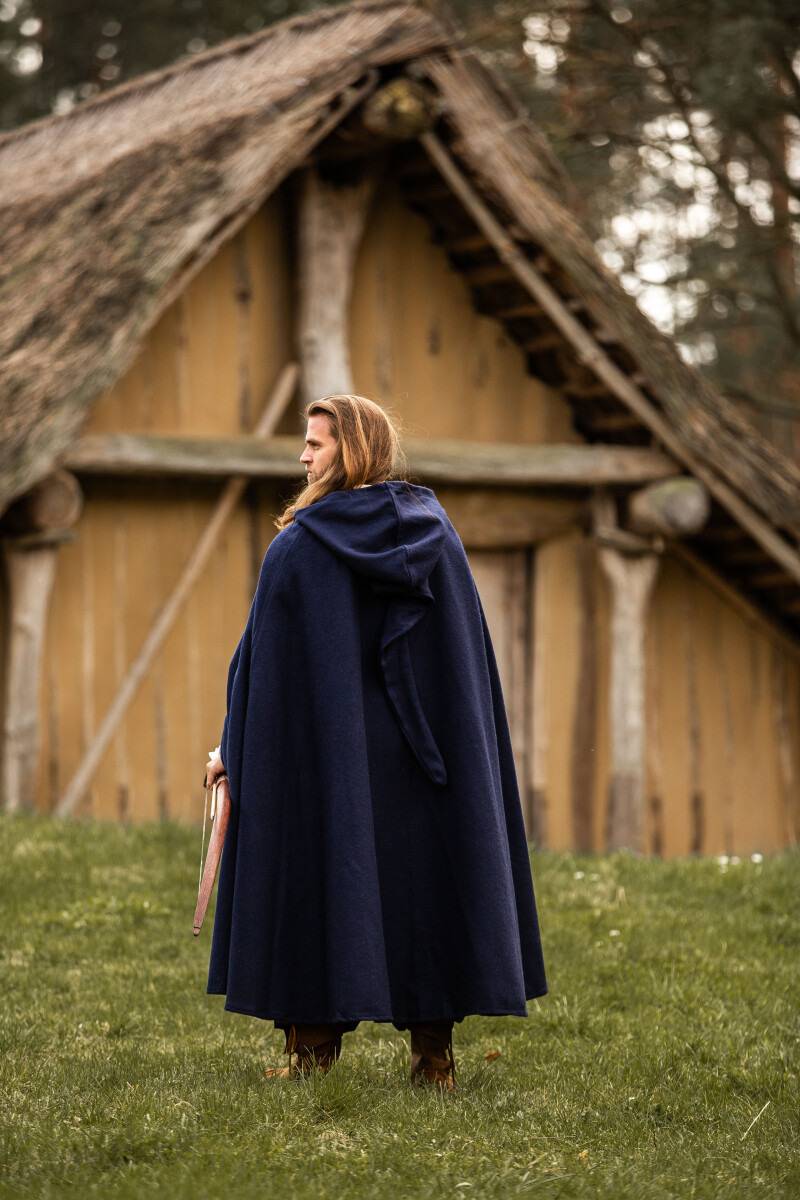 Middeleeuwse Wollen Cape in Blauw met lange Muts, 160 cm
