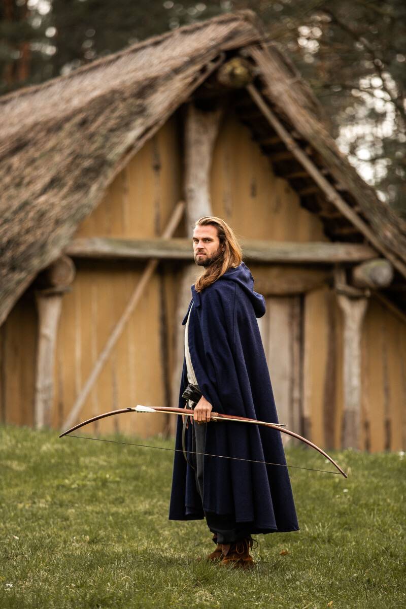 Middeleeuwse Wollen Cape in Blauw met lange Muts, 160 cm