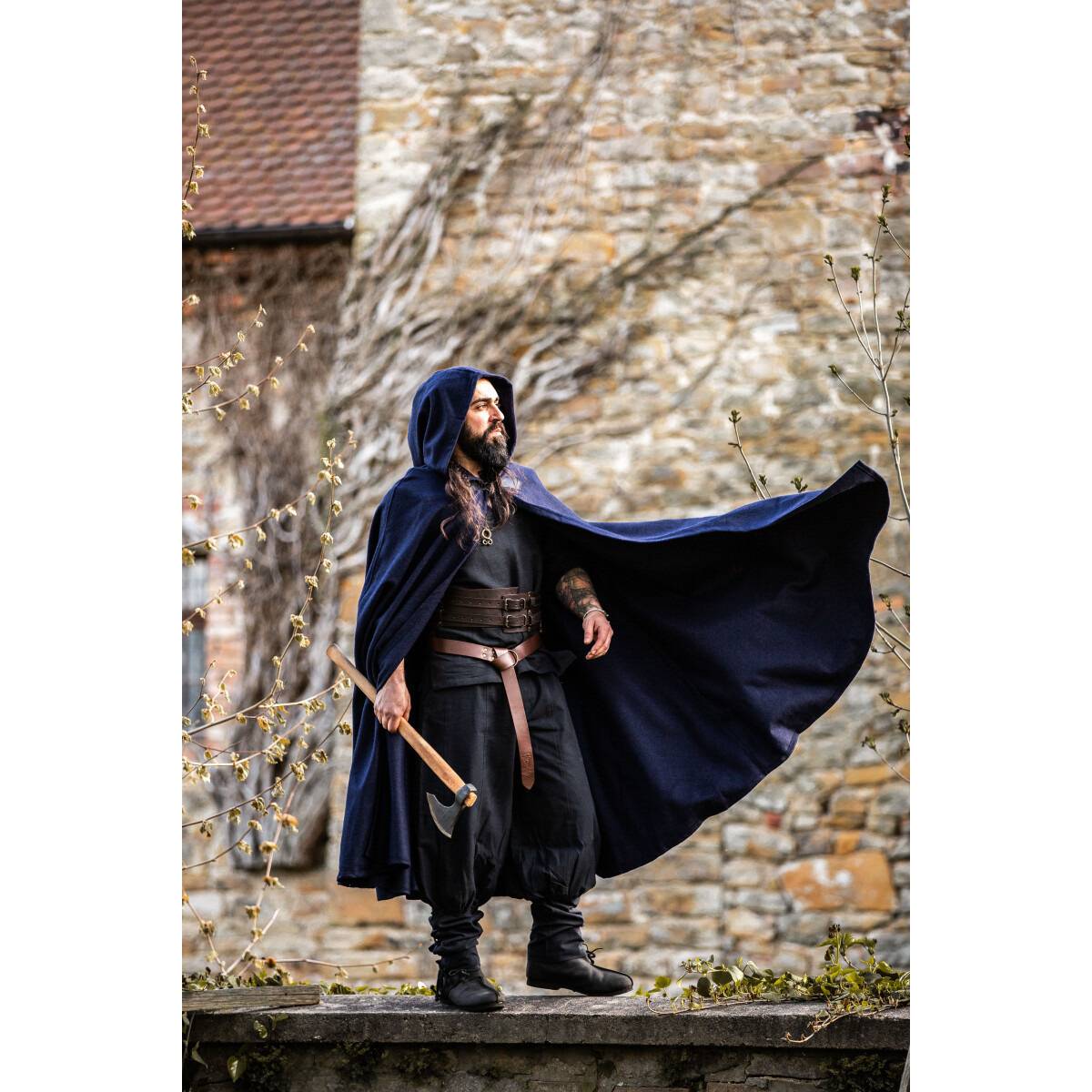 Middeleeuwse Cape Wol in Blauw met Muts,131 cm