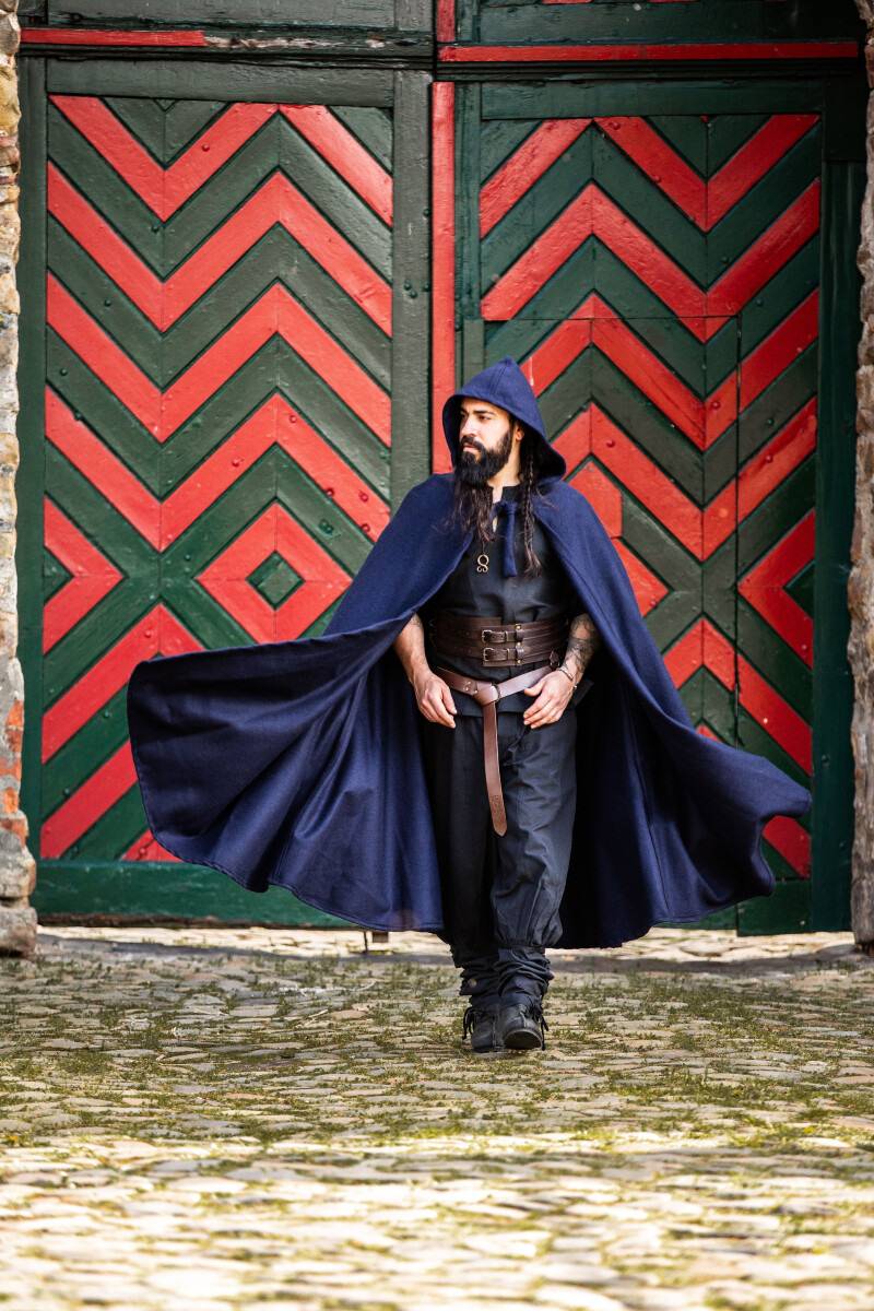 Middeleeuwse Cape Wol in Blauw met Muts,131 cm