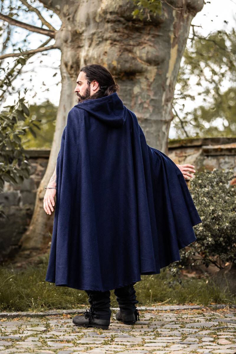 Middeleeuwse Cape Wol in Blauw met Muts,131 cm