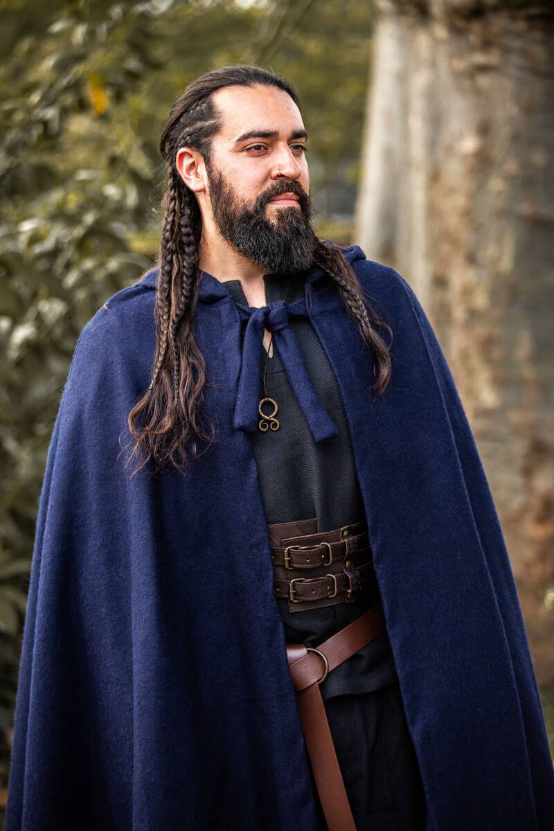 Middeleeuwse Cape Wol in Blauw met Muts,131 cm