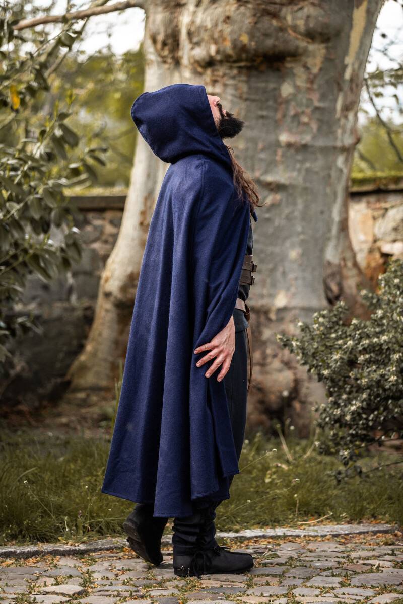 Middeleeuwse Cape Wol in Blauw met Muts,131 cm
