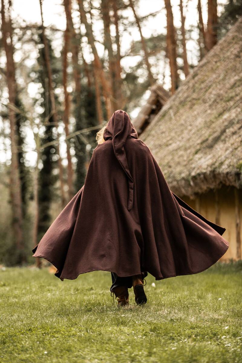 ​Middeleeuwse Wollen Cape in Bruin, 131 cm