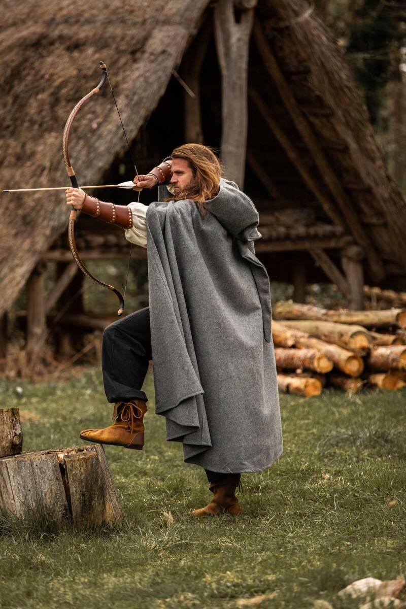 ​Middeleeuwse Wollen Cape in Grijs met lange Muts, 160 cm