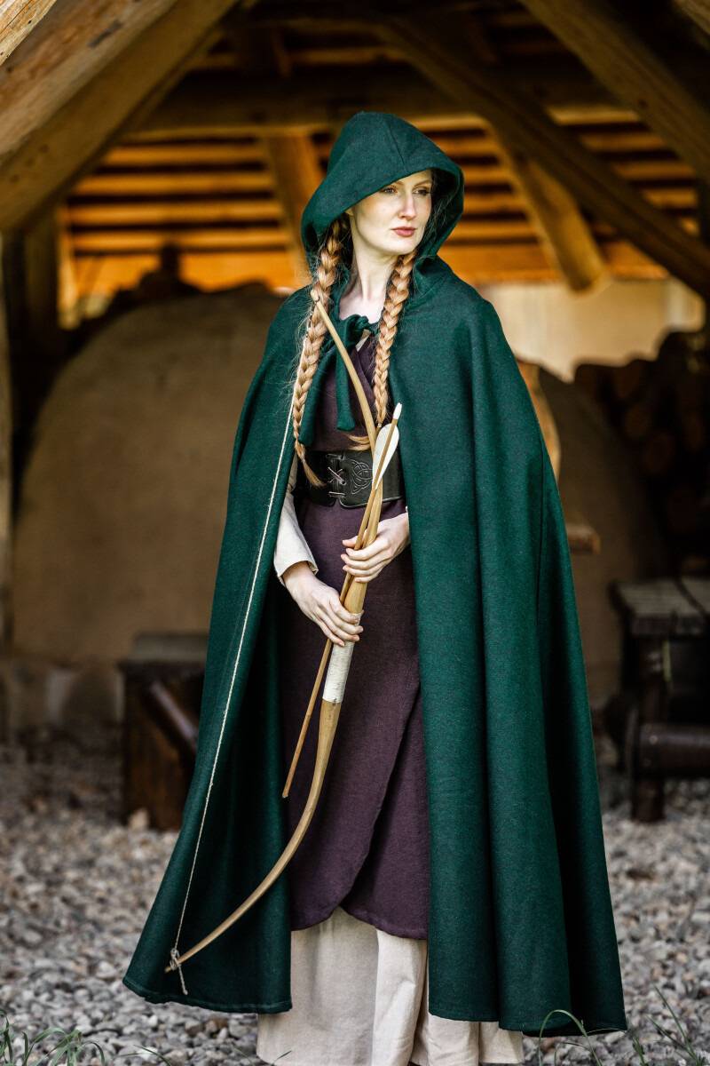 Middeleeuwse Cape Wol in Groen met Muts,131 cm