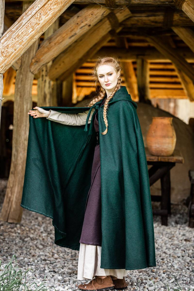 Middeleeuwse Cape Wol in Groen met Muts,131 cm