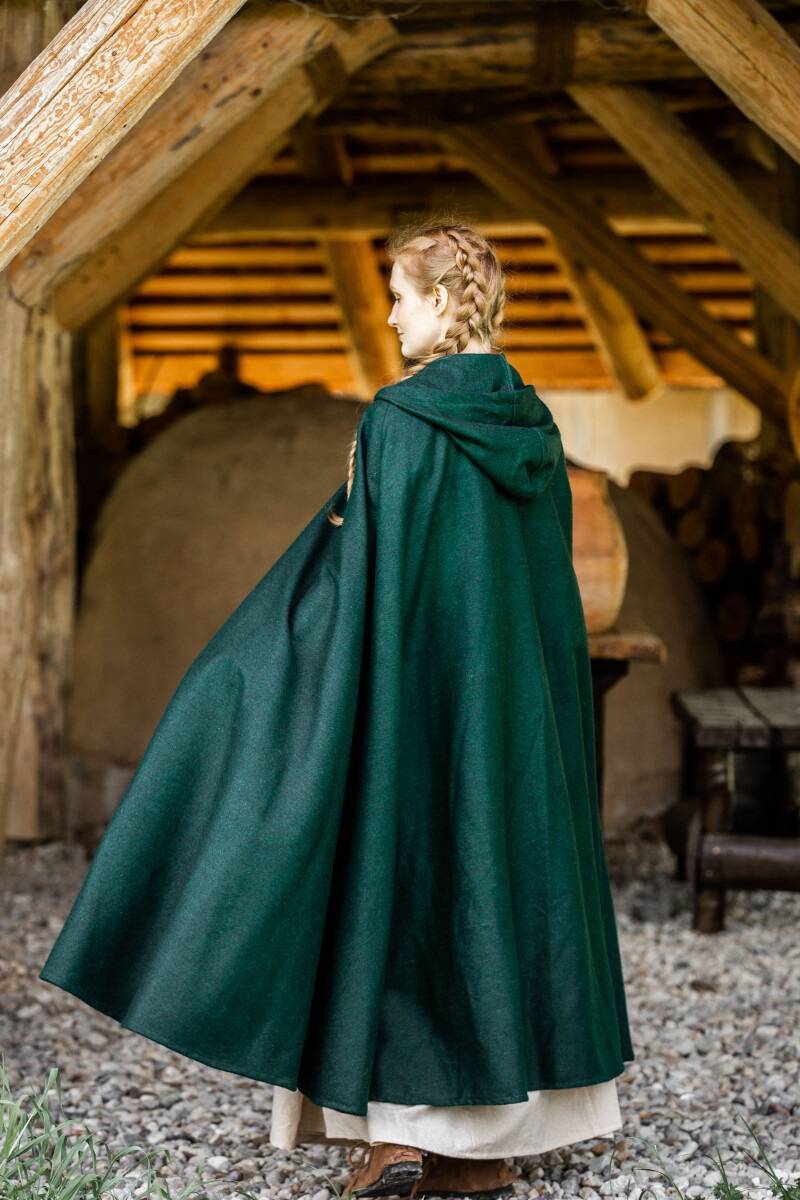 Middeleeuwse Cape Wol in Groen met Muts,131 cm