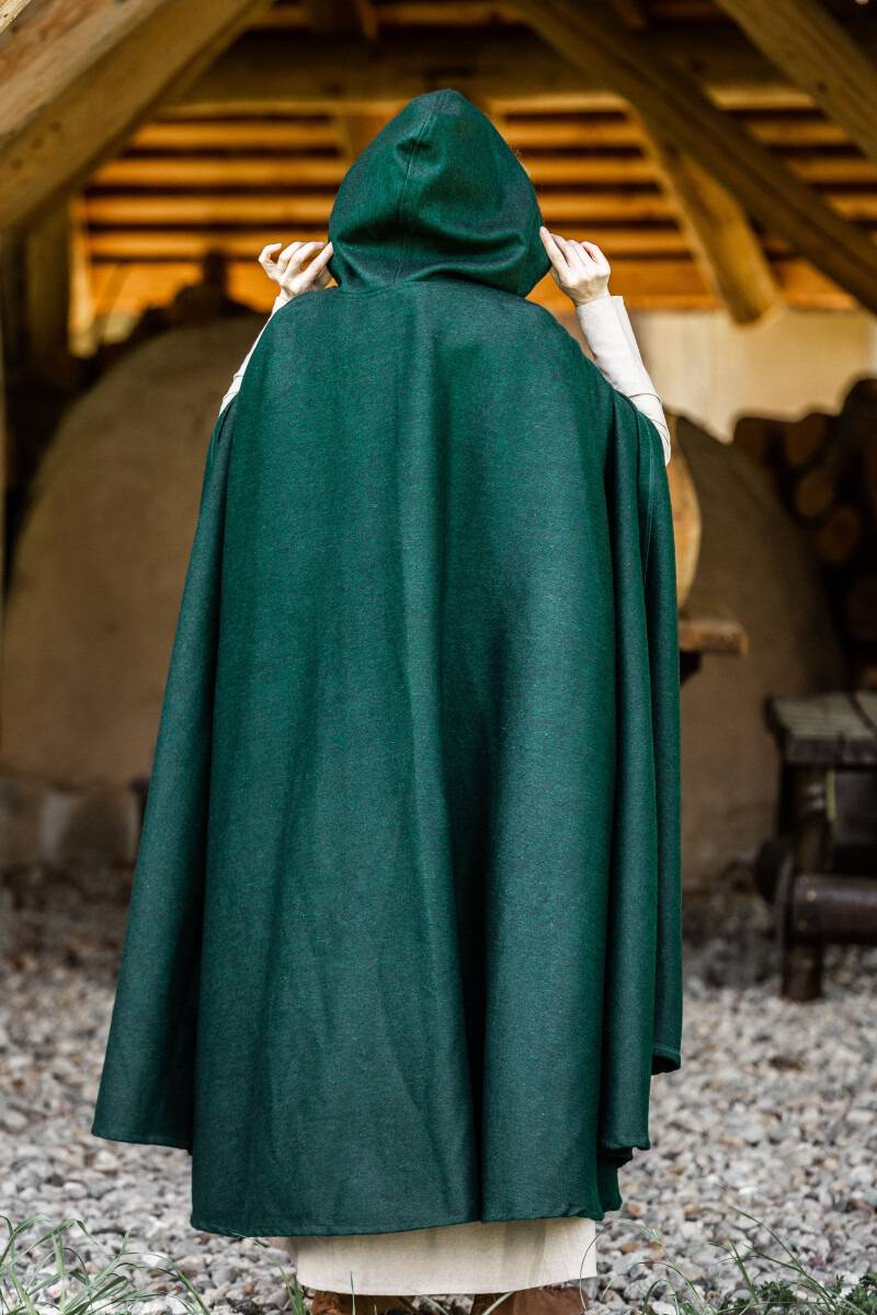 Middeleeuwse Cape Wol in Groen met Muts,131 cm