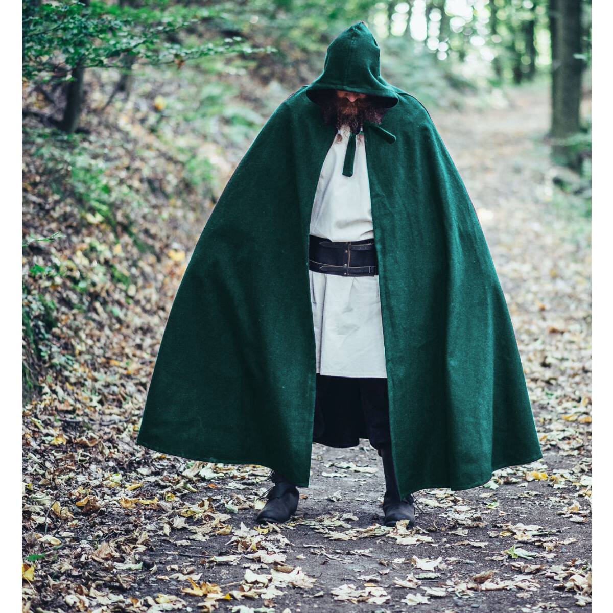 Middeleeuwse Wollen Cape in Groen met lange Muts, 160 cm