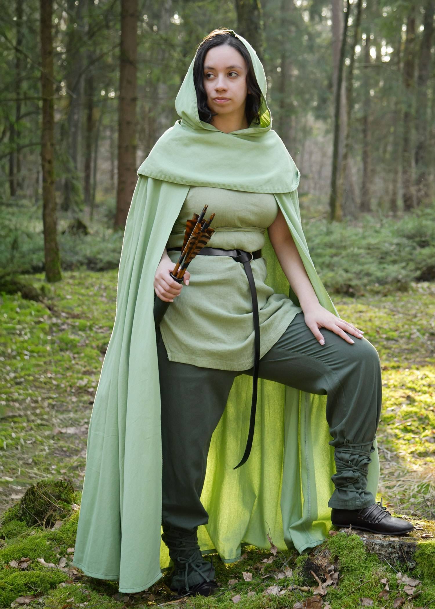 Capuchonmantel met kraag in verwassen groen