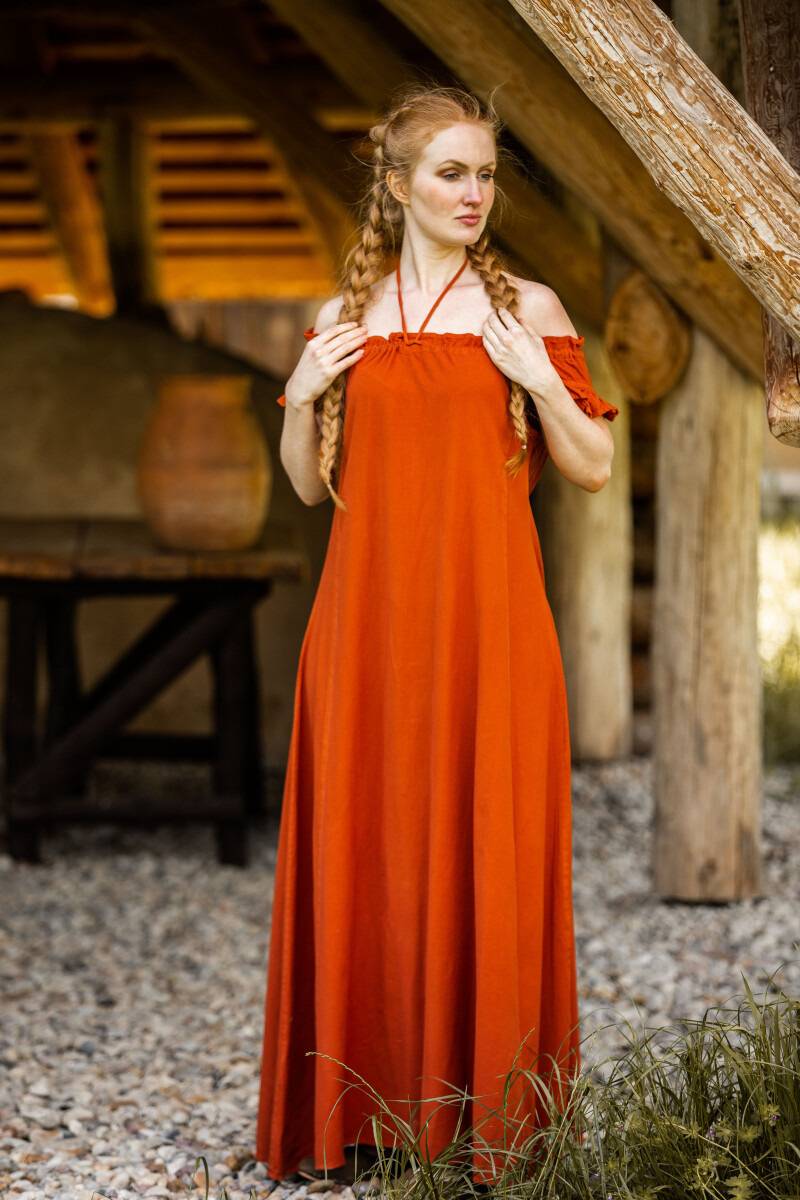 ​Bodenlanges Mittelalter Kleid mit Schulterrüsche in Rost