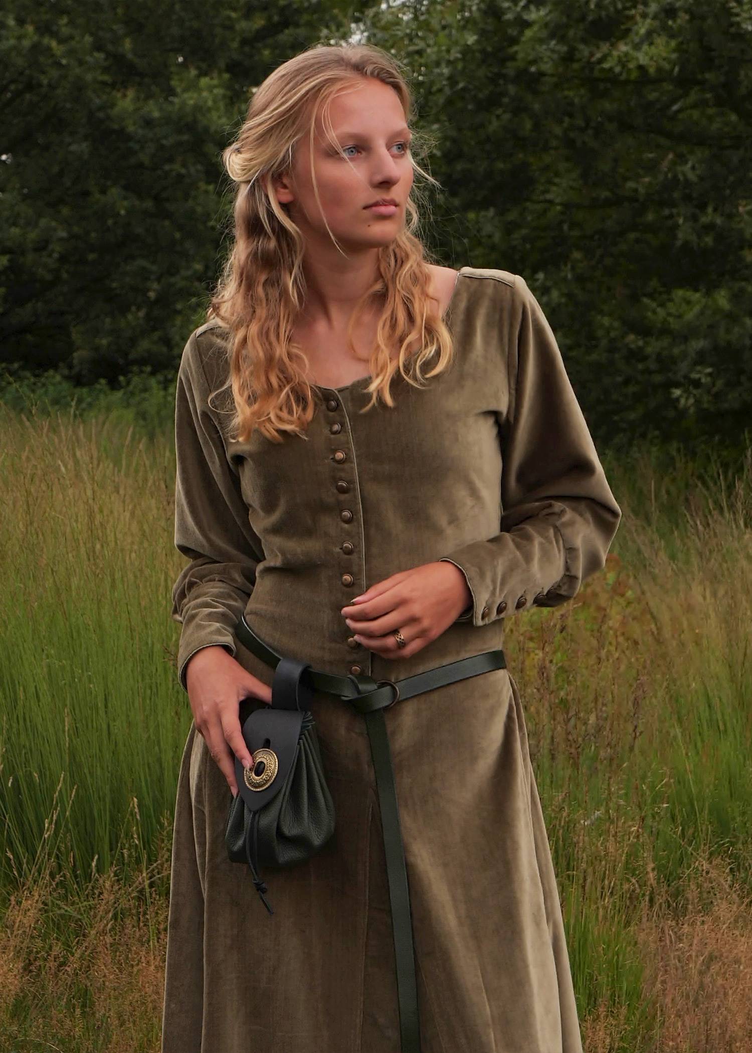 Mittelalterkleid aus Samt, langärmelig, grün 13Jh-15Jh.