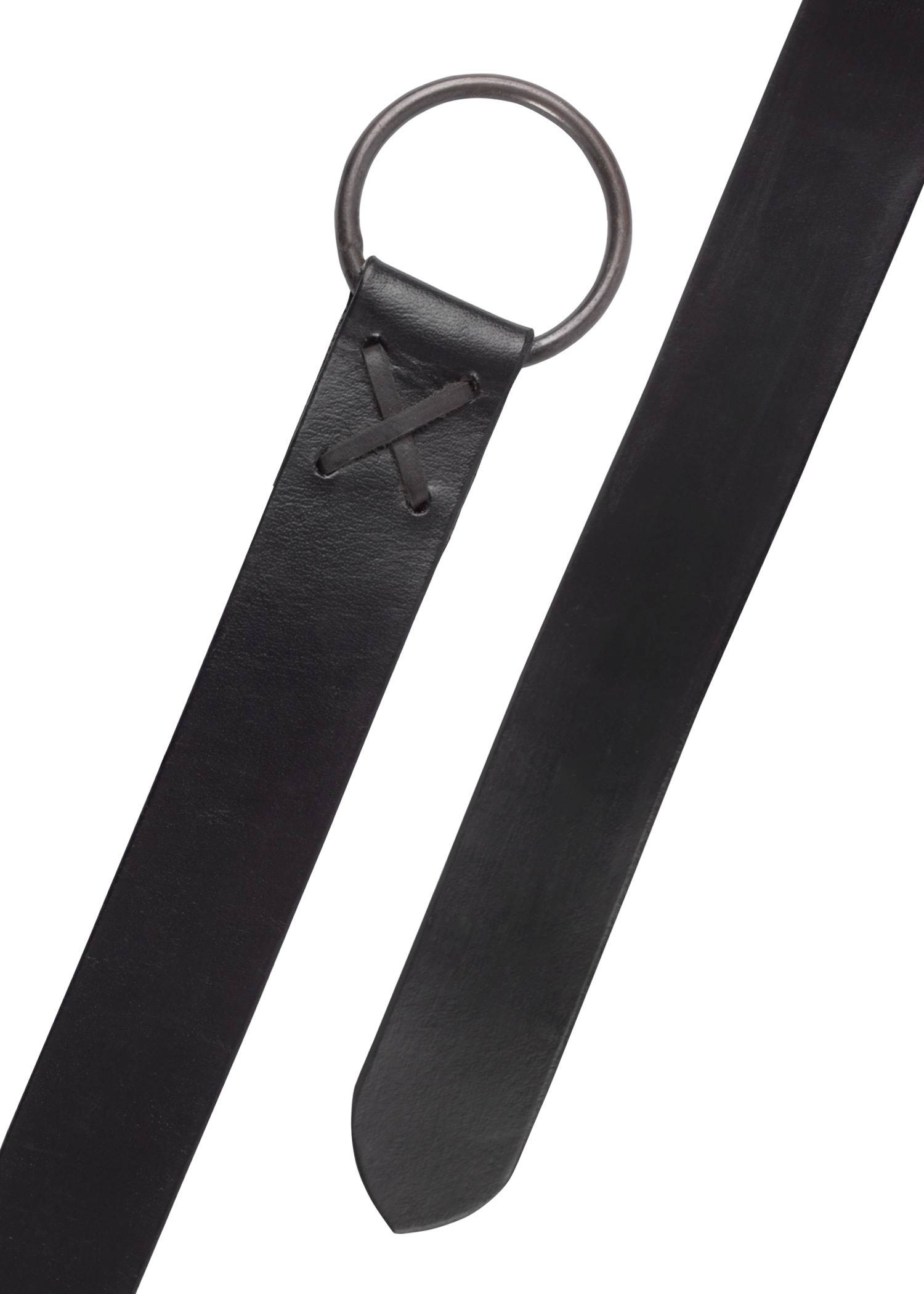 Middeleeuwse lange riem van leer met messing ring, ca. 190 cm lang, in bruin