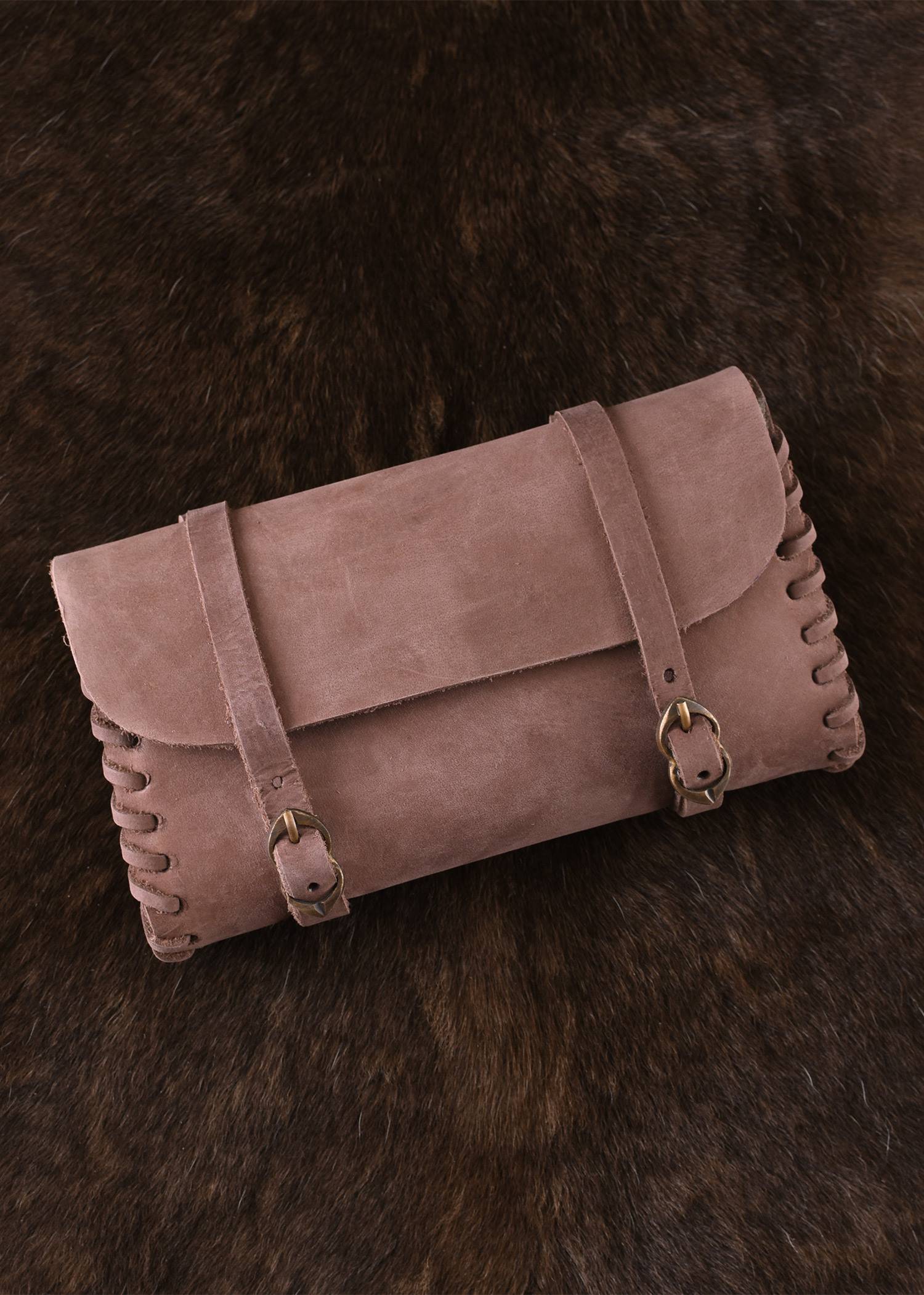 Middeleeuwse leren tas met twee gespen, middenbruin