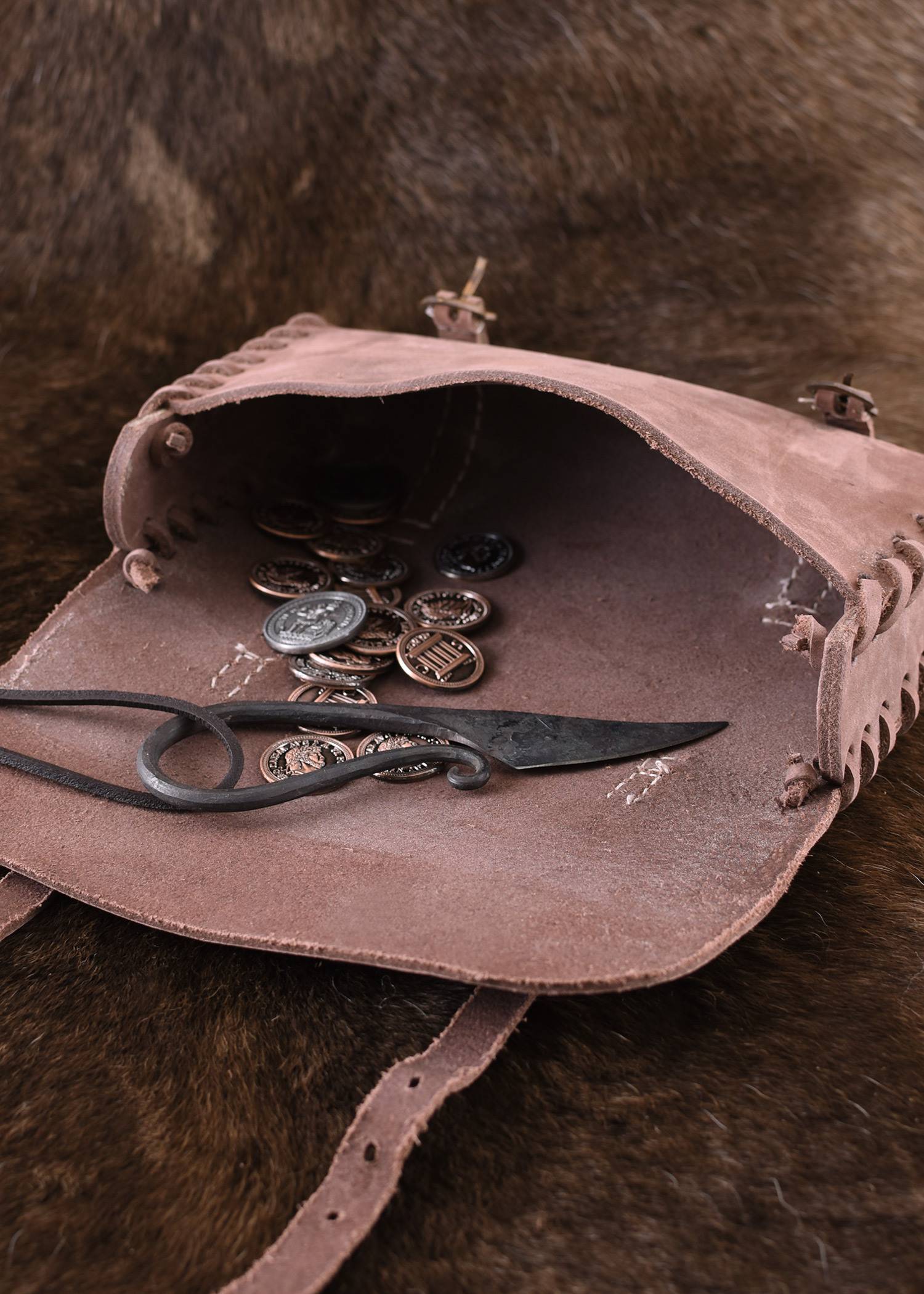 ​Mittelalter Ledertasche mit zwei Schnallen, mittelbraun
