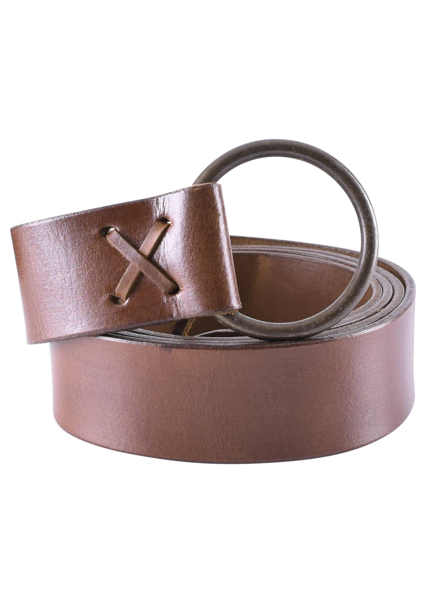 Middeleeuwse lange Riem van leer met messing ring, ca. 150 cm lang, in Bruin