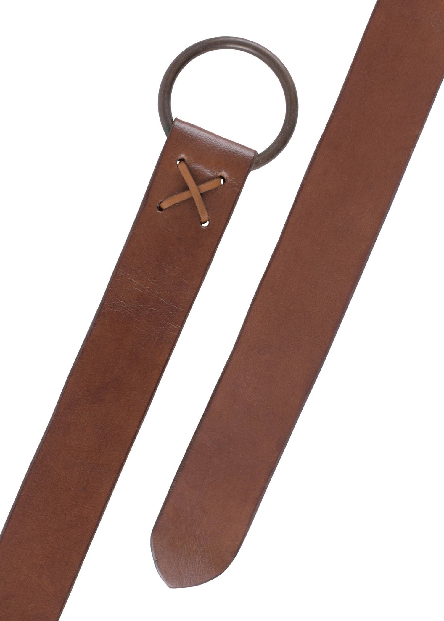 Middeleeuwse lange Riem van leer met messing ring, ca. 150 cm lang, in Bruin