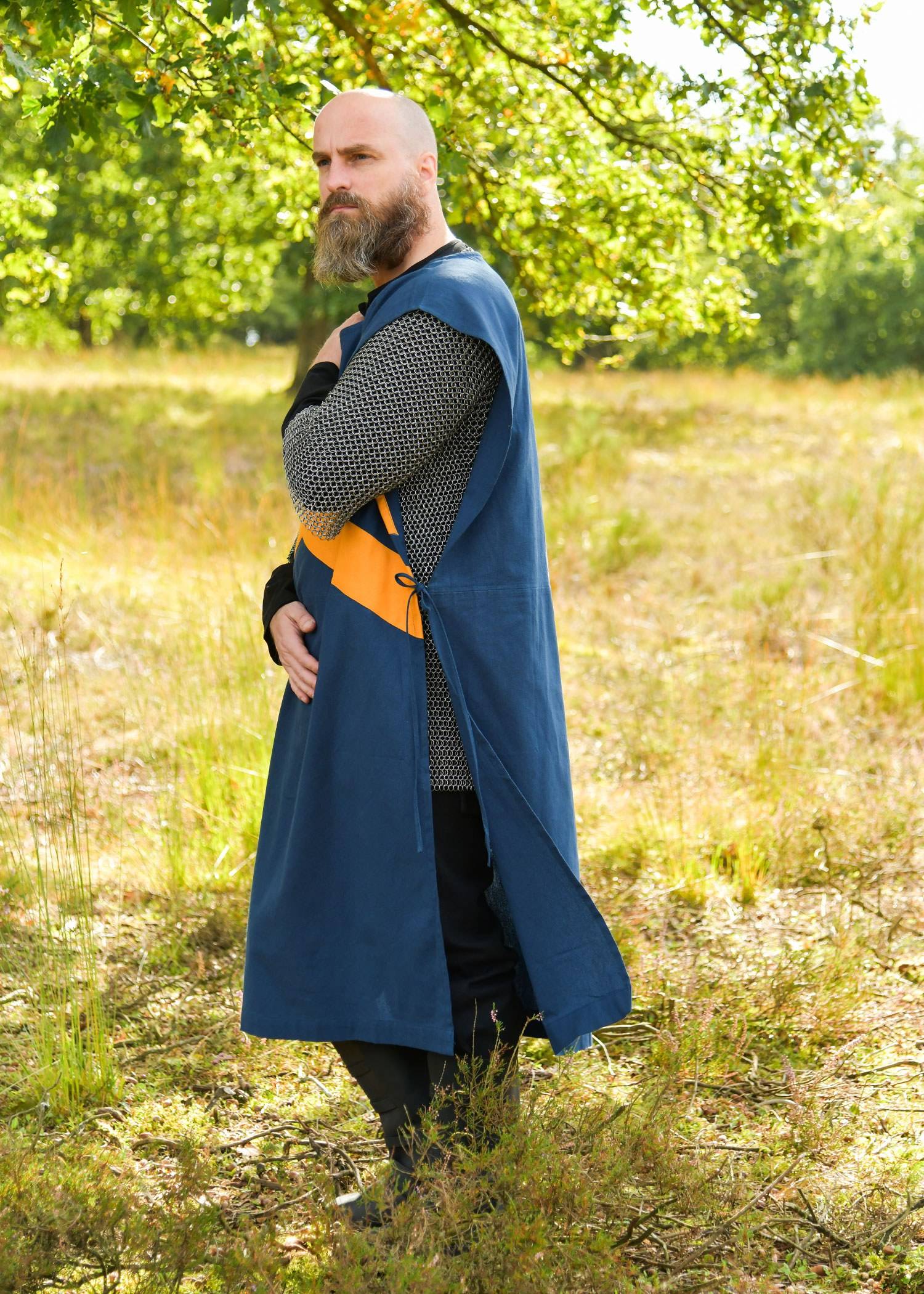 Mittelalter Wappenrock mit Streifen, blau/gelb