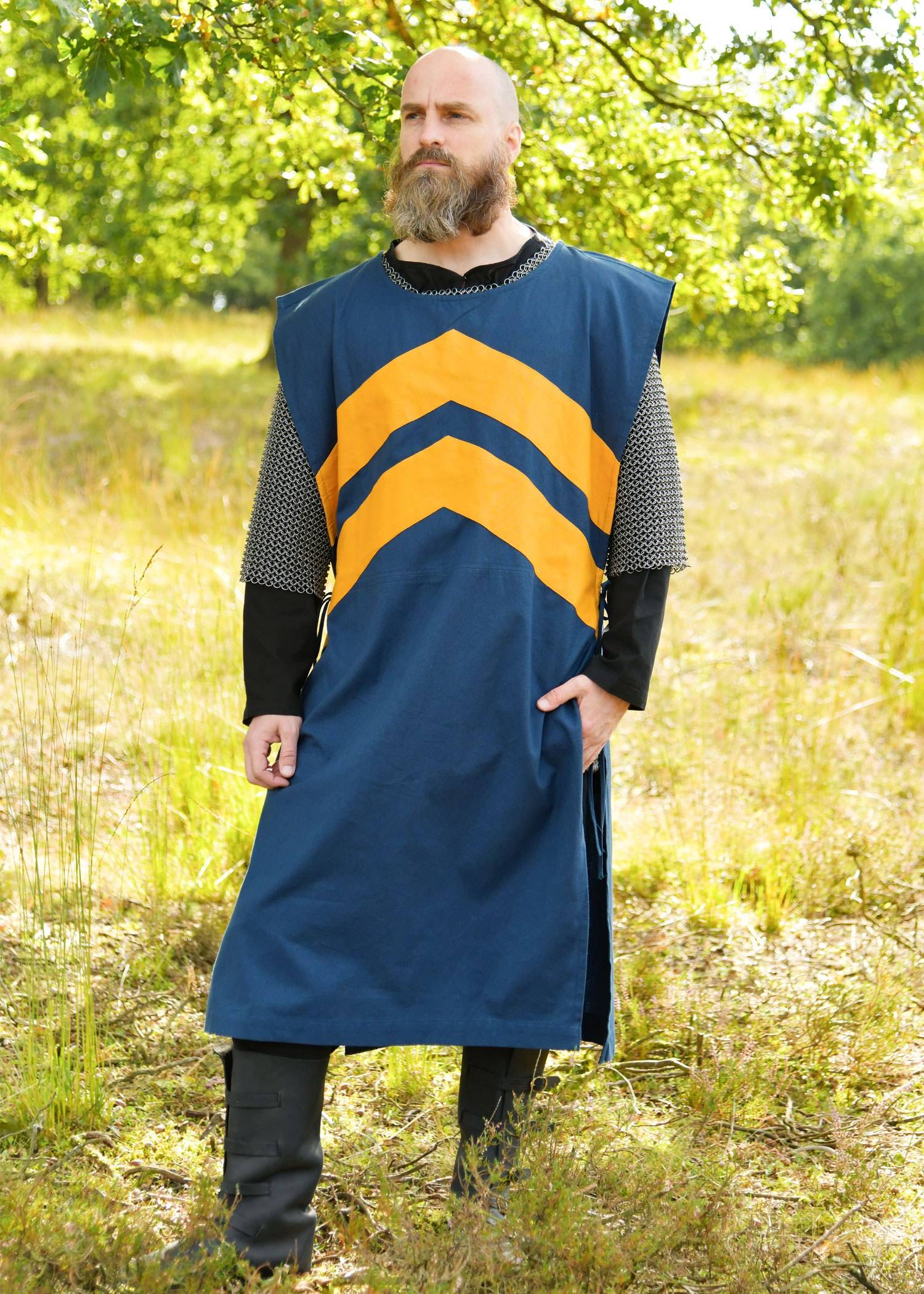 Mittelalter Wappenrock mit Streifen, blau/gelb