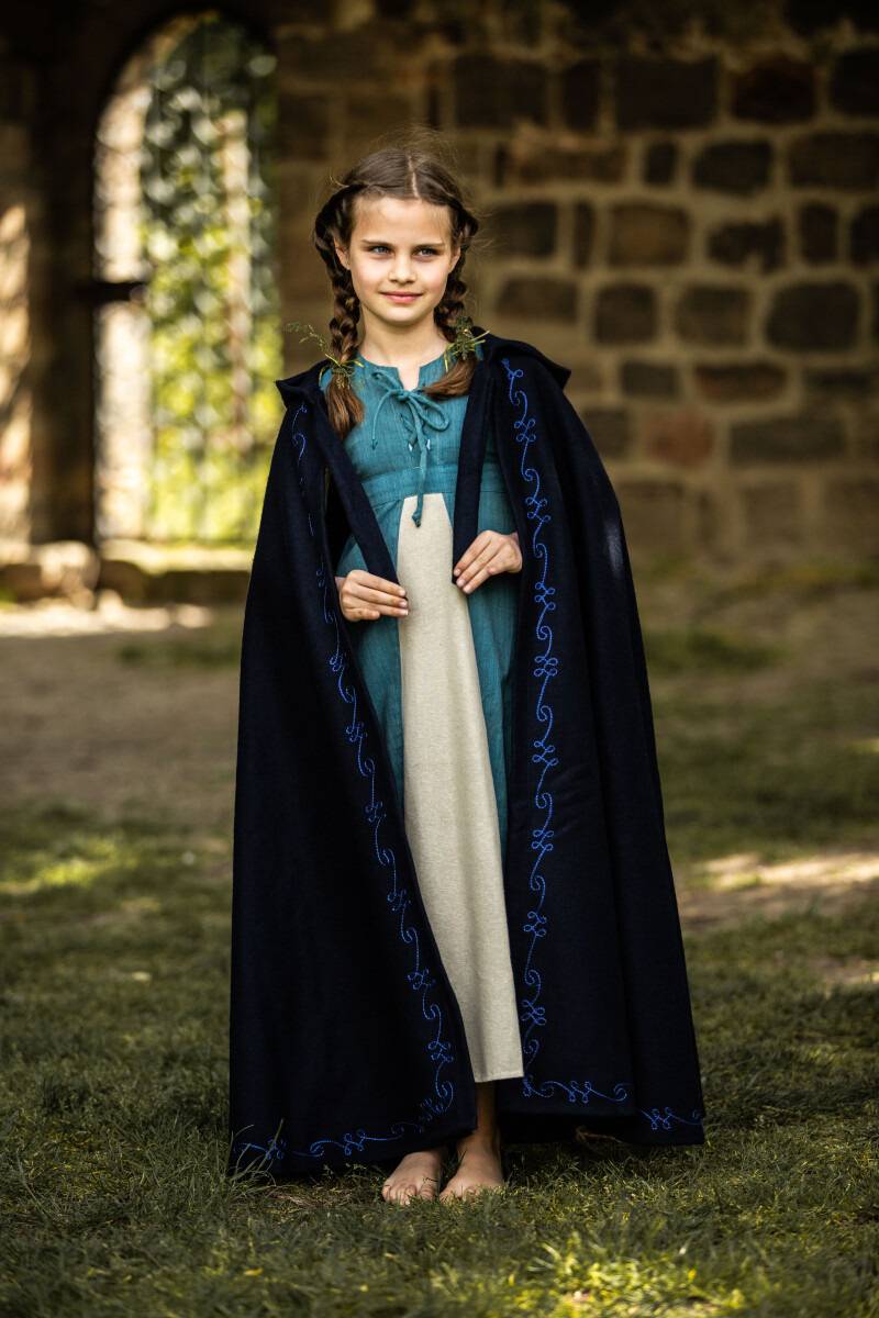 Middeleeuwse Wollen Grijze Jager Kindercape - Mantel in Blauw met lange capuchon en handbeschilderd, met borduurwerk
