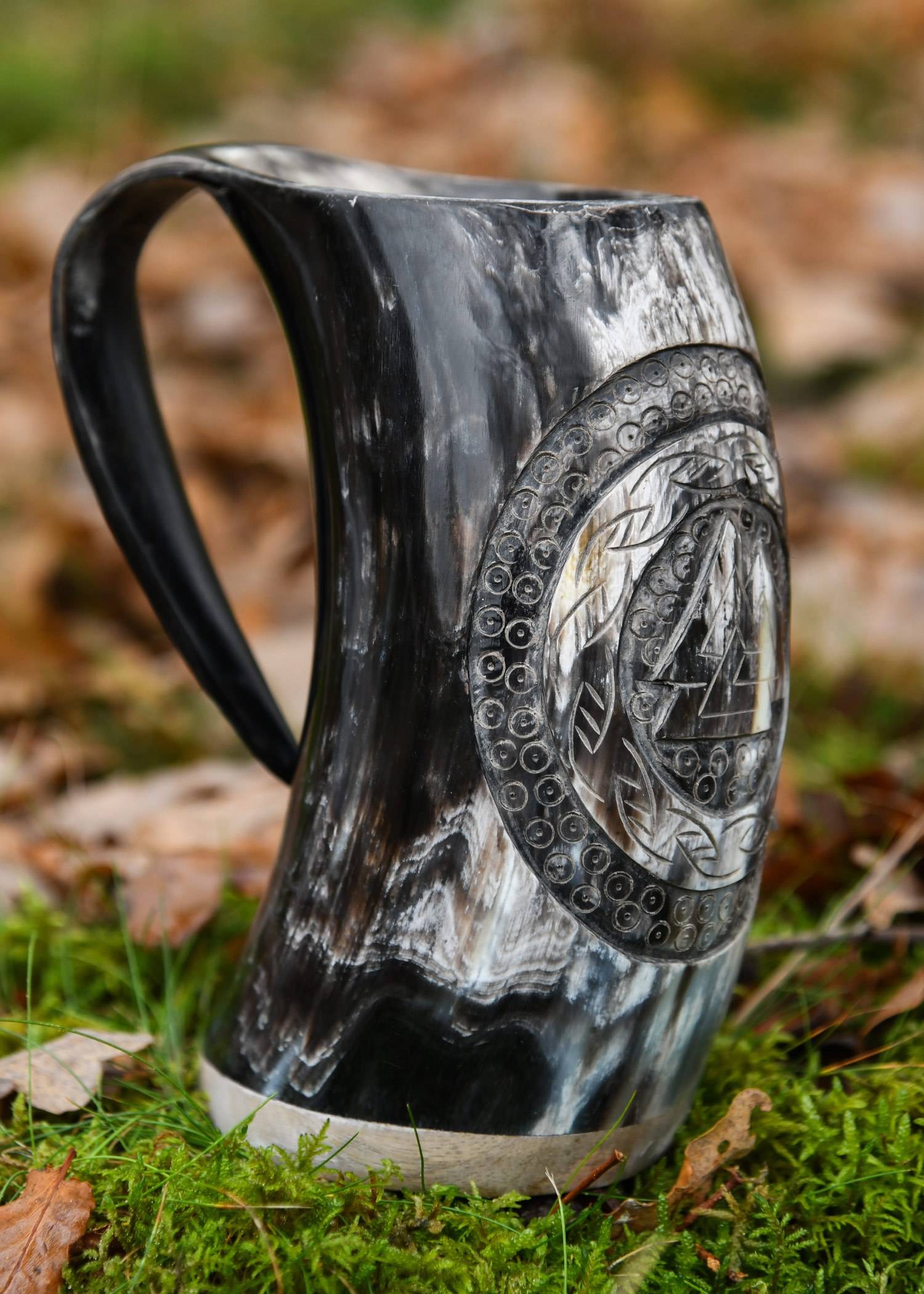 ​Wikinger Hornbecher, Med/Bierkrug mit Holzboden und Valknut-Motiv Nr.1