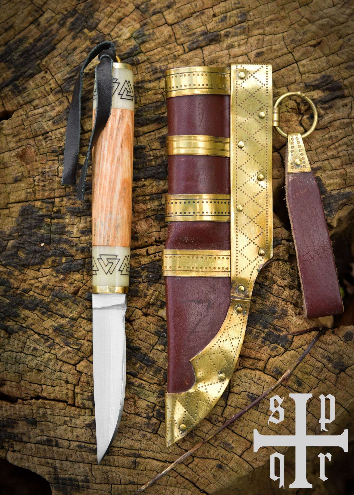 Klein Vikingmes "Birka" – Koolstofstaal, handvat van hout/bot met Valknut-motief