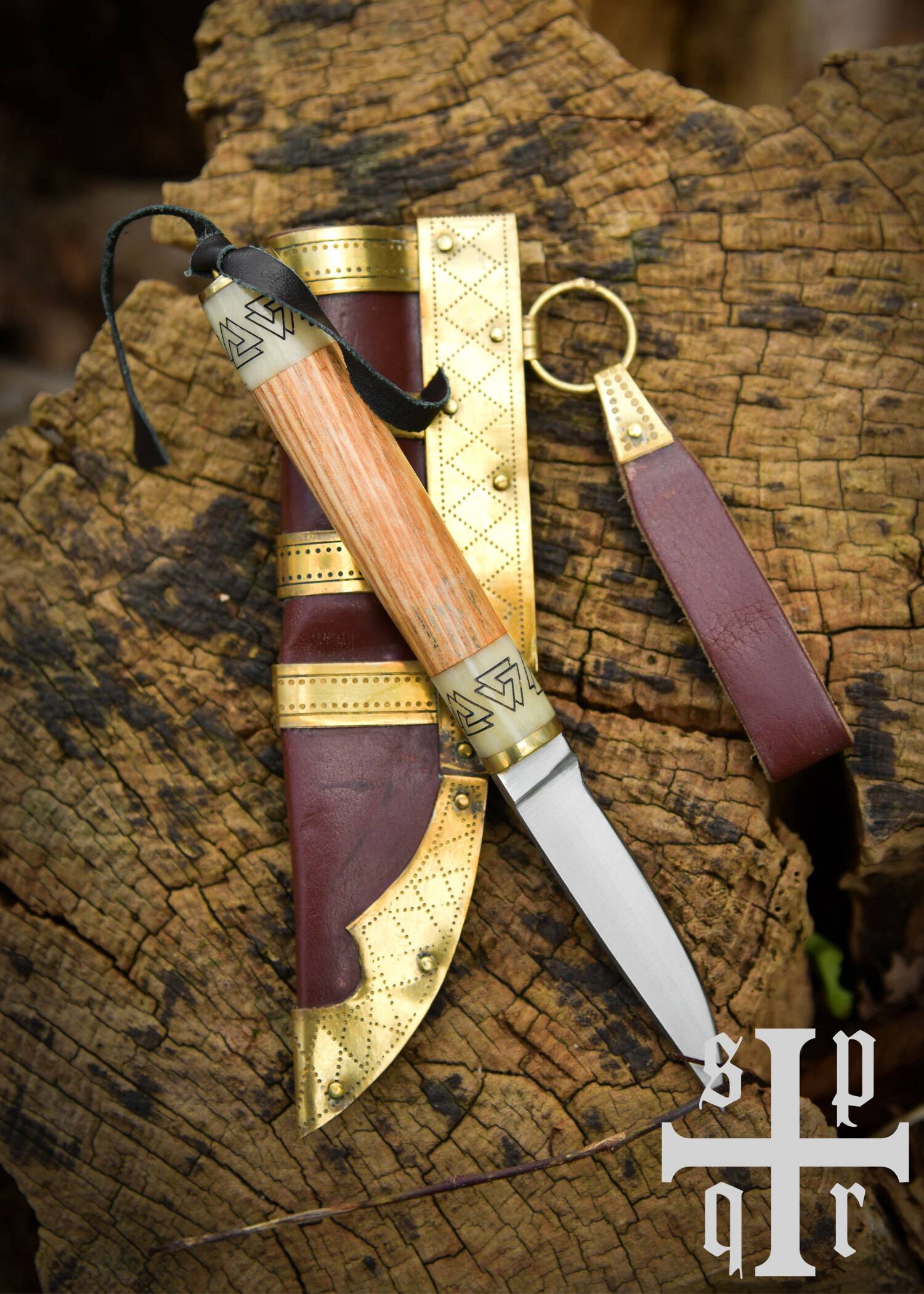 Klein Vikingmes "Birka" – Koolstofstaal, handvat van hout/bot met Valknut-motief