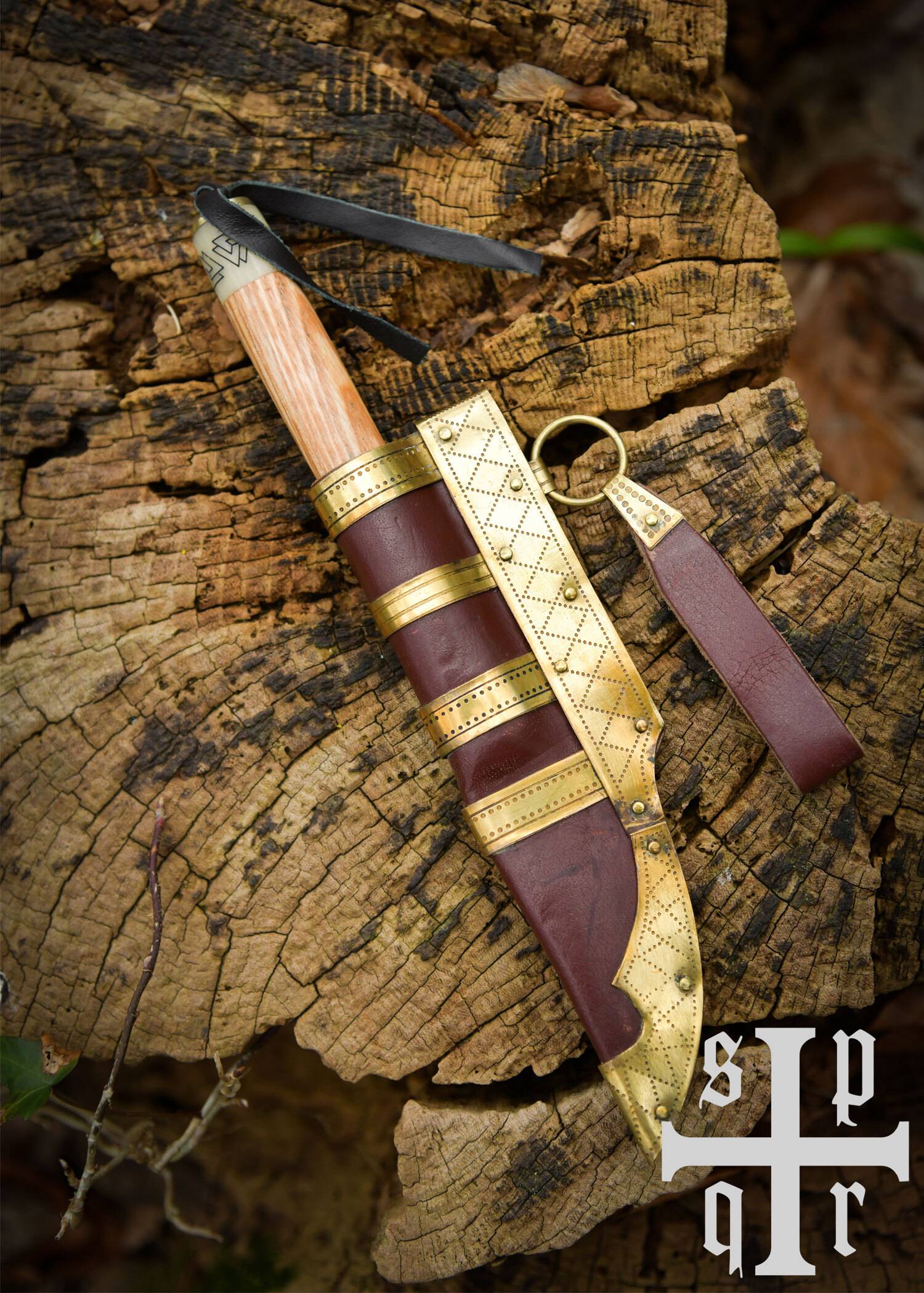 Klein Vikingmes "Birka" – Koolstofstaal, handvat van hout/bot met Valknut-motief