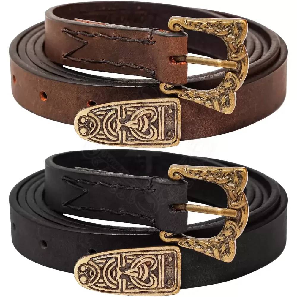 Leren Vikingriem met messing gesp en riemuiteinde, in Birka-stijl (zwart)