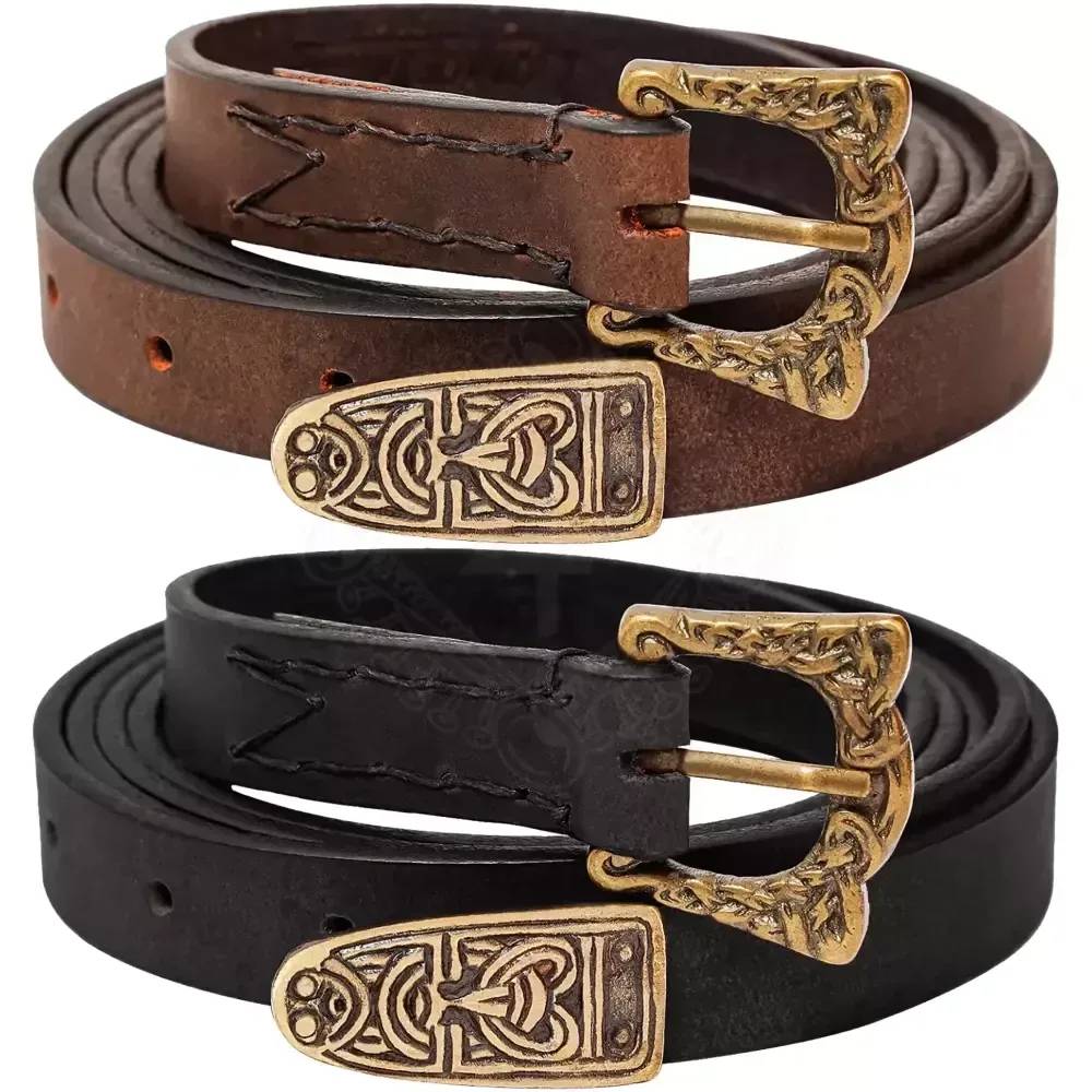 Leren Vikingriem met messing gesp en riemuiteinde, in Birka-stijl (bruin)