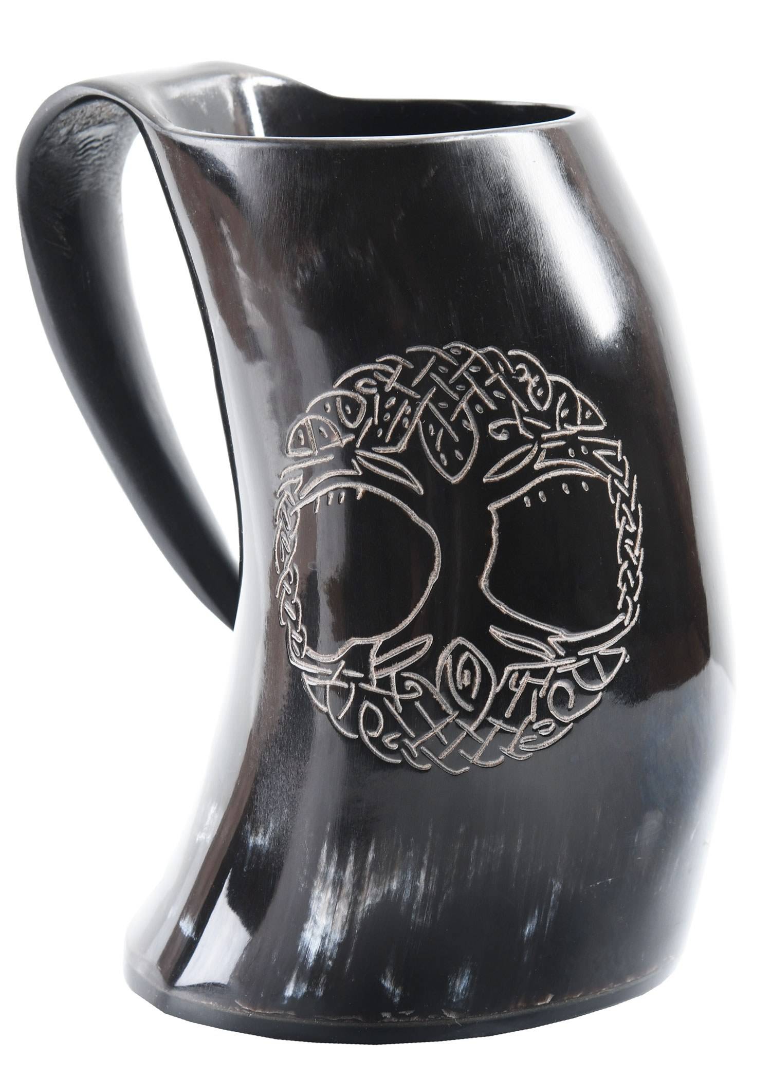 Viking Drinkbeker/Bierpul gemaakt van echt hoorn met Yggdrasil, de Wereldas