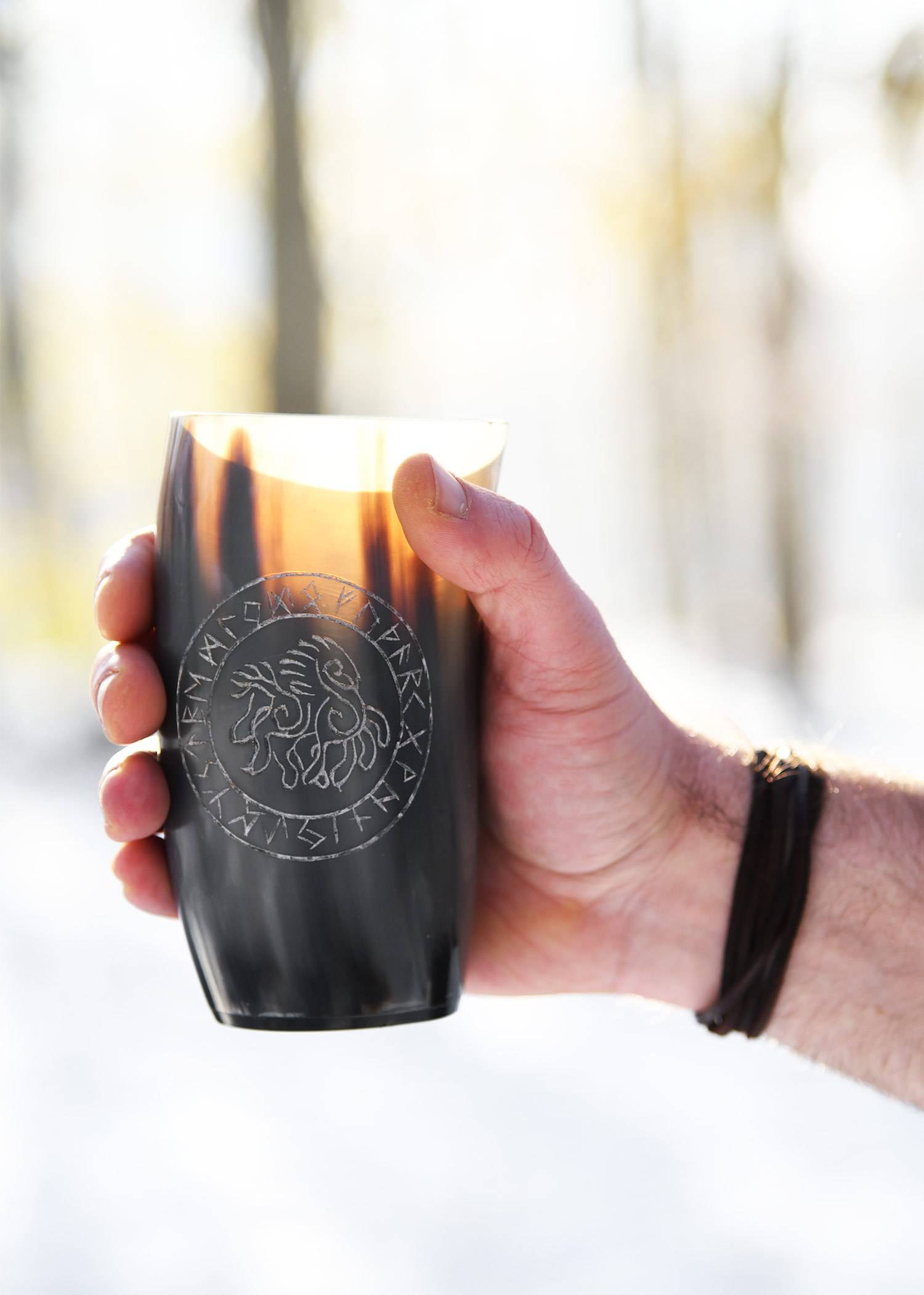 Viking Drinkbeker met Sleipnir, gemaakt van echt hoorn, zonder handvat