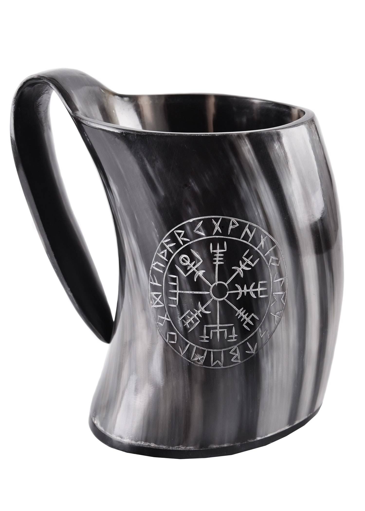 Viking Drinkbeker/Bierpul gemaakt van echt hoorn met Vegvisir