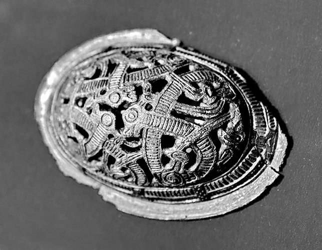 Wikinger Schildkrötenfibel-Ovalfibel Bronze Jelling Style versilbert