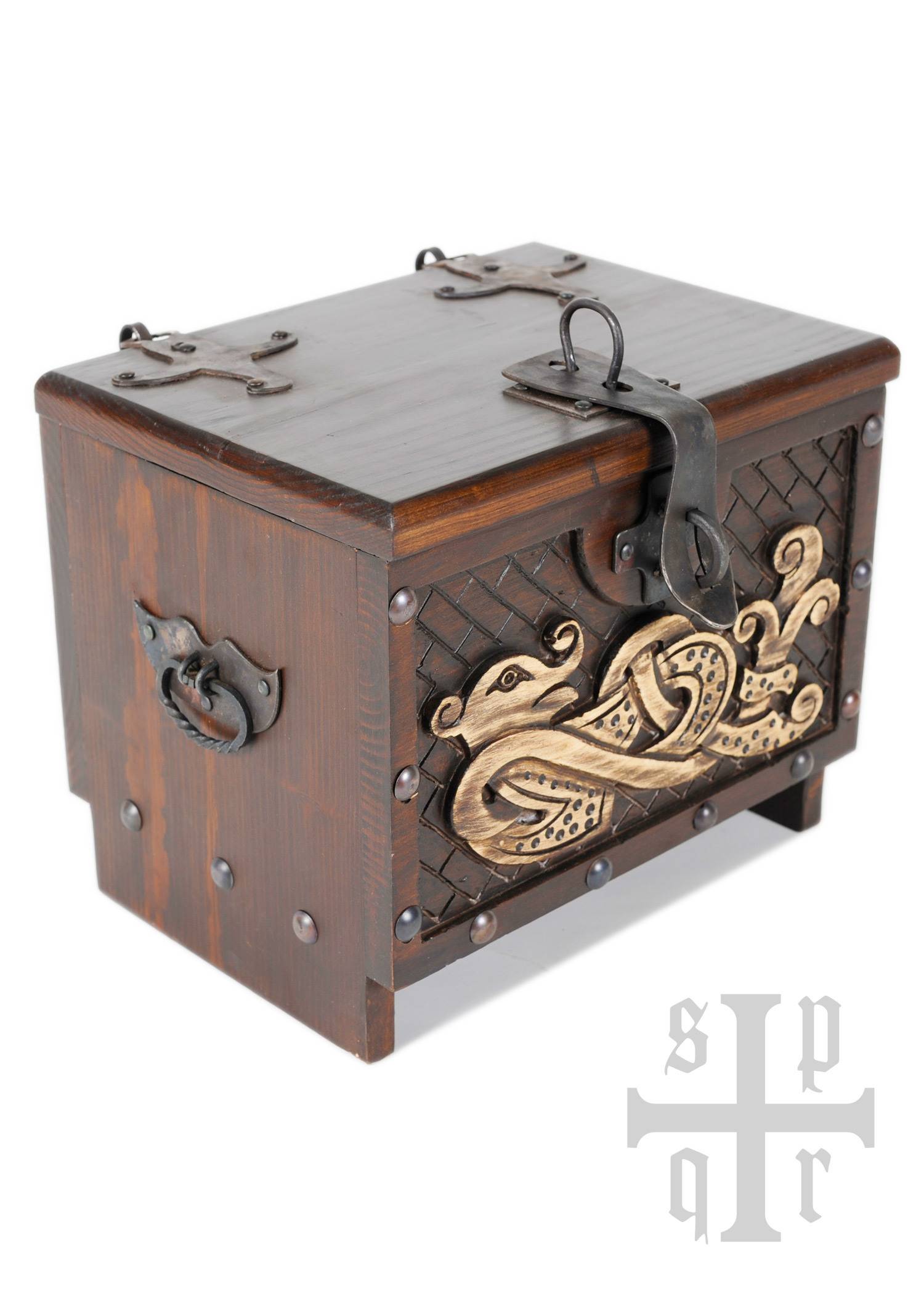 Klein houten Vikingkistje met Midgard slangenmotief, ca. 33 x 25 x 28 cm