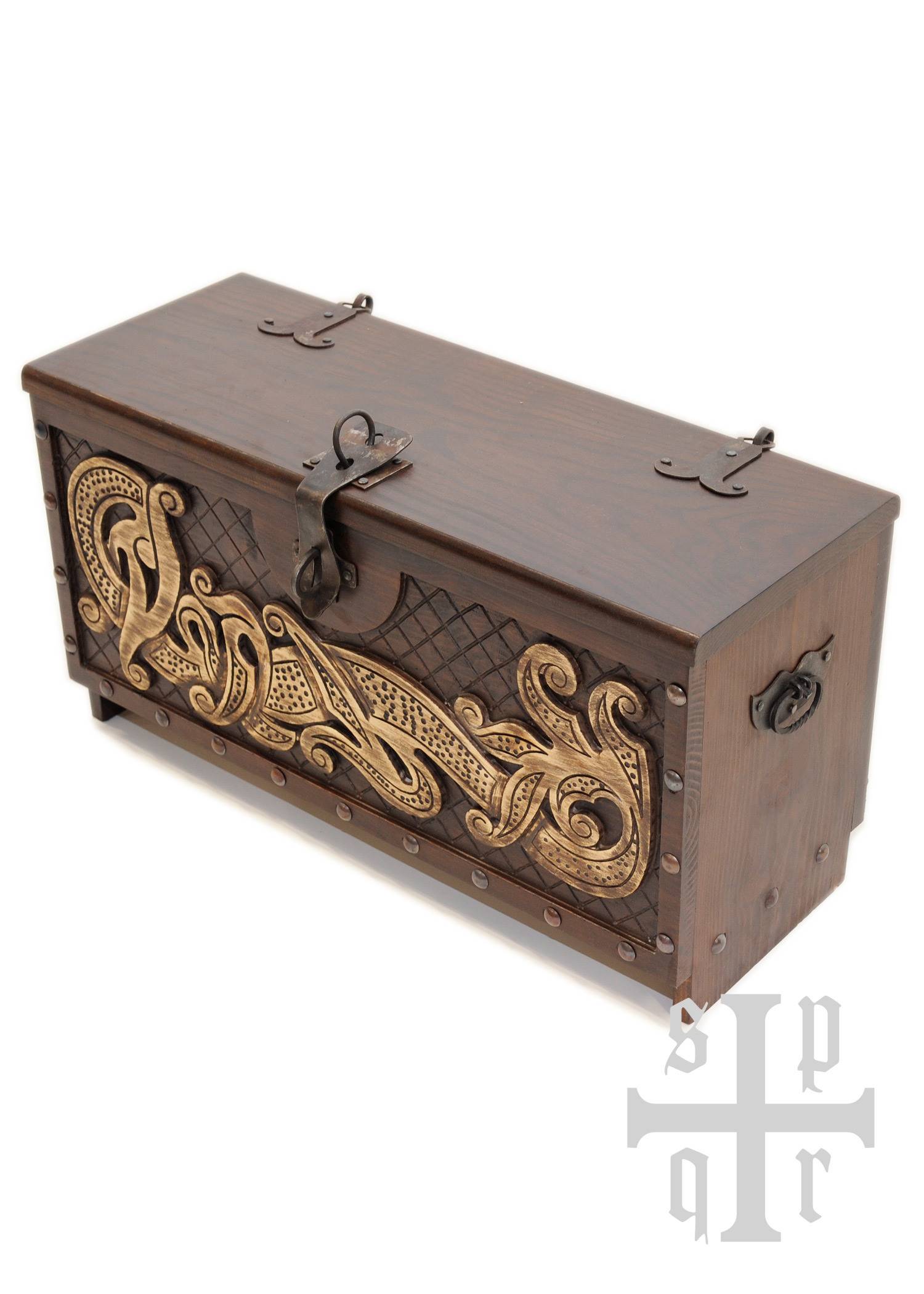 Vikingkist van hout met Midgard slangenmotief, ca. 66 x 25 x 35 cm