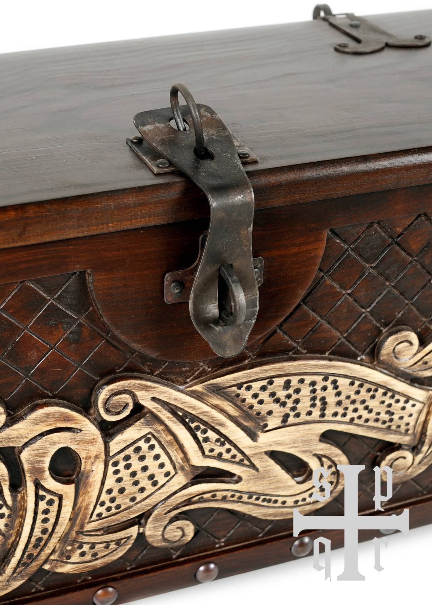 Vikingkist van hout met Midgard slangenmotief, ca. 66 x 25 x 35 cm